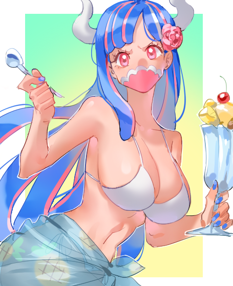 1girls bare_arms bare_shoulders big_breasts bikini bikini_top blush clothed clothing color female female_focus female_only food hi_res horns large_breasts light-skinned_female light_skin long_hair looking_at_viewer mask multicolored_hair one_piece pink_eyes raine_(acke2445) shounen_jump solo solo_female tagme thick_thighs ulti_(one_piece)