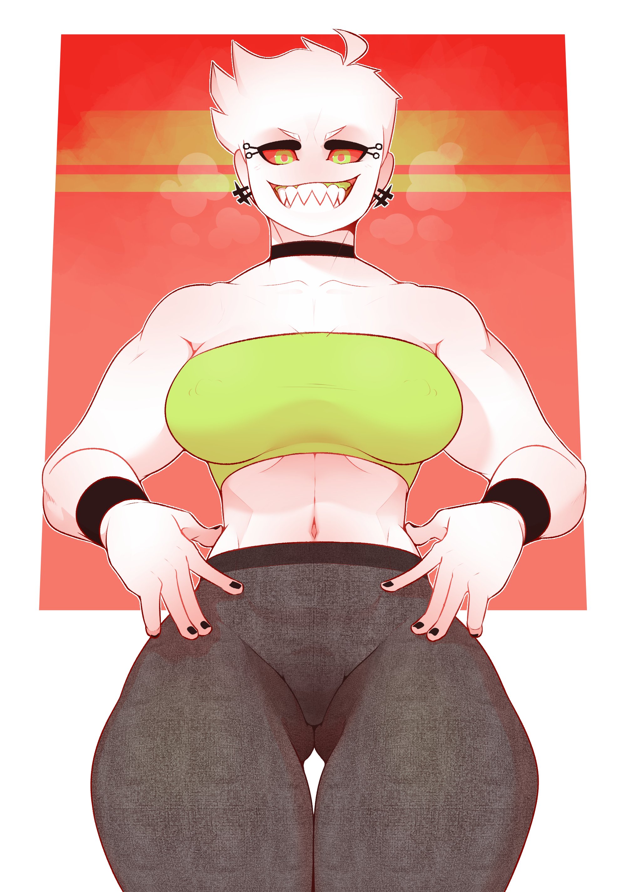 1girls, 5 fingers, bare shoulders, belly, belly button, big breasts, bottomwear, breasts, dabble, eyebrows, eyelashes, female, female only, front view, green eyes, hips, humanoid, large breasts, looking at viewer, muscles, muscular, muscular female, nails, navel, red sclera, sharp teeth, solo, solo female, sugar (dabbledraws), thick, thick thighs, thighs, topwear, voluptuous, white body, white skin, wide hips