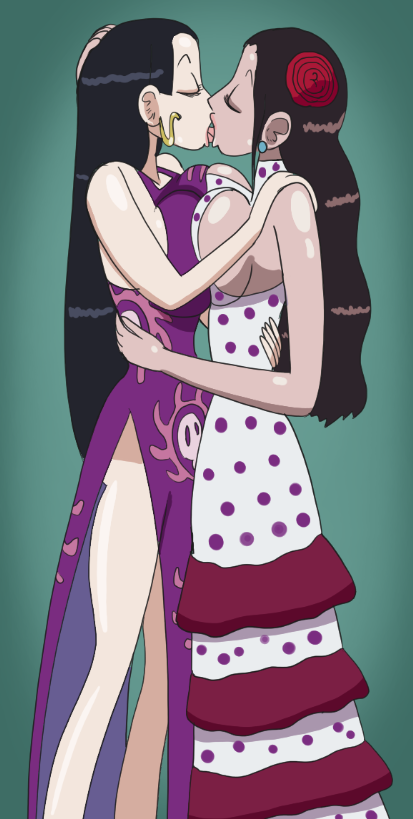 2girls black_hair boa_hancock breast_press breasts breasts_to_breasts closed_eyes clothing dress earrings female female_only flower_in_hair french_kiss gongo_gongo green_background kissing long_dress long_hair one_piece purple_clothing snake_earrings symmetrical_docking tongue viola_(one_piece) yuri