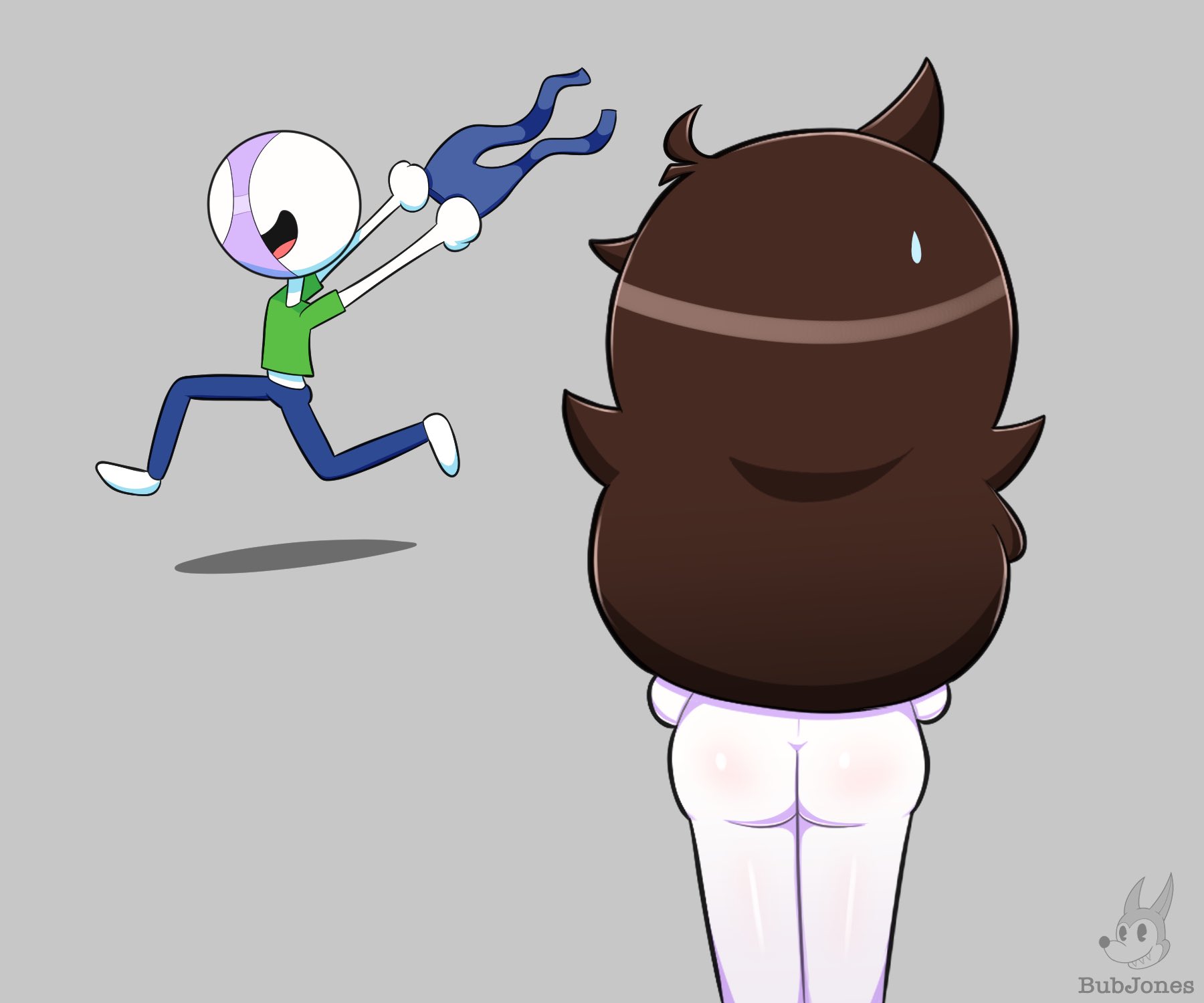 1boy, 1girls, artist name, ass, bottomless, brown hair, bubjones, female, fully clothed, glistening skin, grabbing clothing, green shirt, holding, holding pants, jaiden, jaiden animations, jeans, long hair, male, panties on head, purple shirt, running, signature, smile, stealing clothes, sweat, sweatdrop, white skin, youtube