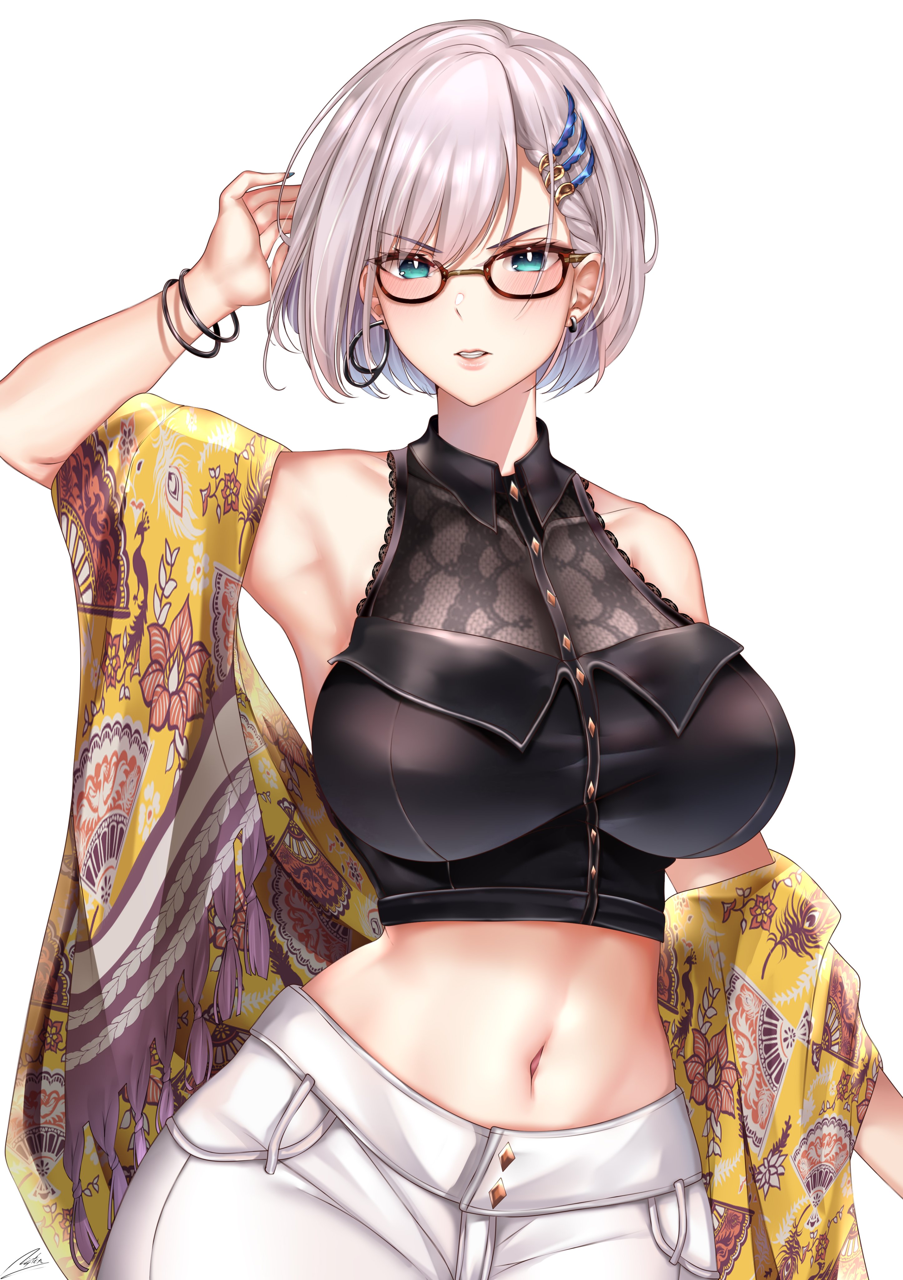 1girls, armpits, ass, belly, belly button, big ass, big breasts, bracelets, breasts, clothed, clothing, earrings, exposed belly, exposed midriff, female, glasses, hololive, hololive indonesia, hololive indonesia holoro, light skin, light-skinned female, midriff, navel, nyctea, pale skin, pale-skinned female, pavolia reine, short hair, virtual youtuber, waist, white hair