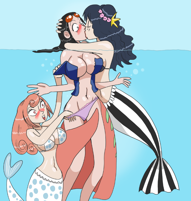 3girls black_hair blush female female_only forced_assisted_exposure gongo_gongo heart-shaped_pupils ishilly kissing lesbian mermaid monster_girl multiple_girls nico_robin one_piece partially_submerged removing_clothing stripping submerged sunglasses_on_head threesome underwater undressing_another yuri