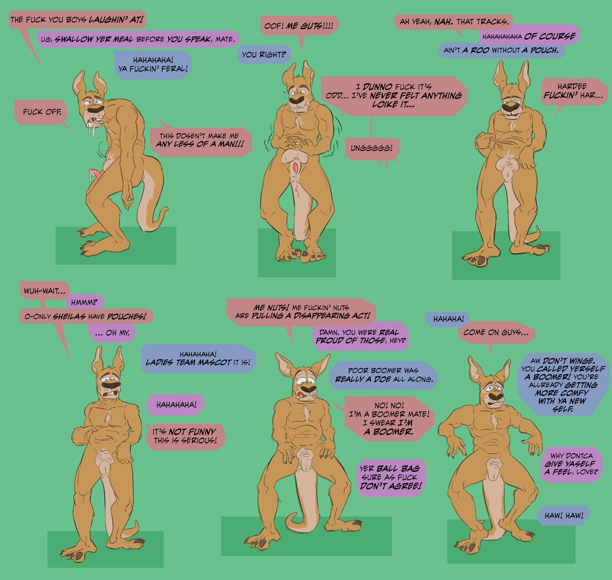 2021 5_fingers 5_toes after_transformation anatomically_correct andromorph animal_genitalia animal_penis animal_pussy anthro balls brokowski cuntboy cuntboy_transformation dialogue english_text feet fingers flaccid fur gender_transformation genitals green_background intersex kangaroo macropod male male_to_cuntboy mammal marsupial marsupial_penis motion_lines mti_transformation penis pouch_(anatomy) profanity pussy sequence simple_background solo species_transformation speech_bubble standing tan_body tan_fur text toes transformation