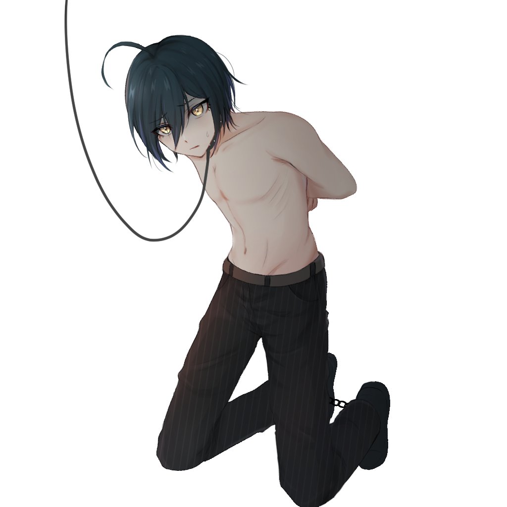 1boy ahoge arms_behind_back belly_button belt blue_hair bondage bound boy collar color danganronpa danganronpa_v3 feet_tied golden_eyes half-dressed half_naked hands_behind_back hands_tied hands_tied_behind_back leash light-skinned_male light_skin male male_only navy_blue_hair no_nipples pants pet_play petplay restrained saihara_shuuichi shirtless short_hair shuichi_saihara skinny_male skyo110 straight_hair sweat sweatdrop sweating topless twink white_background white_skin worried_expression yellow_eyes