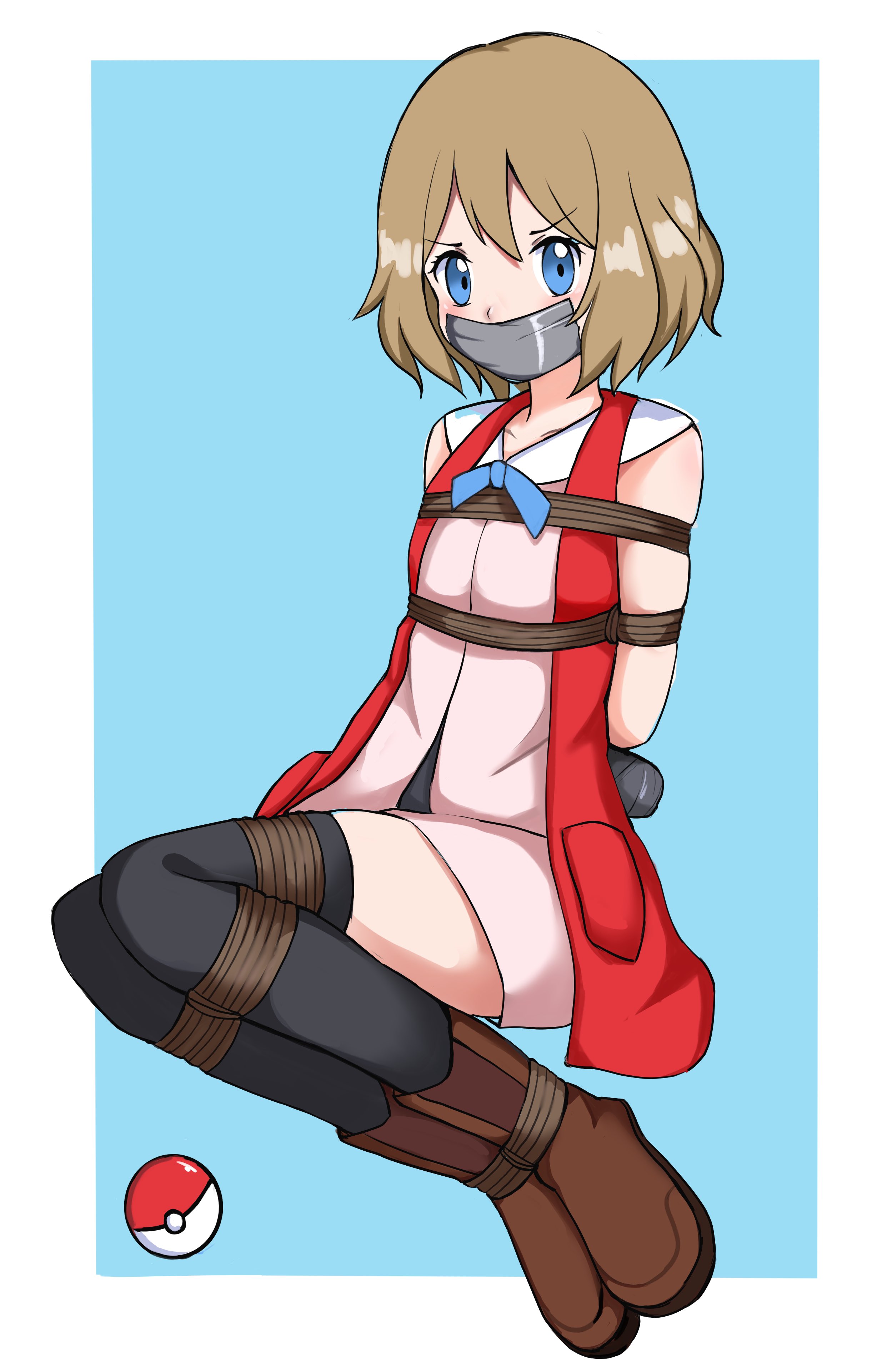 1girls, angry, angry face, black clothing, black legwear, blonde hair, blue background, blue eyes, bondage, boots, bound, brown hair, dress, female, female only, gag, gagged, legs, legwear, long boots, pink dress, pokemon, red clothing, ribbon, serena (pokemon), short hair, stockings, tape, tape gag, taped arms, taped mouth, thighhighs, tied, tied arms, tied hands, tied up, umiushi nonawa, watching, white background