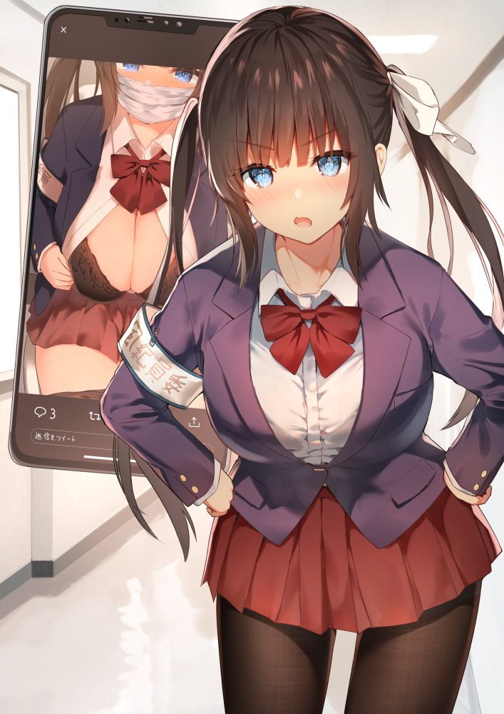 1girls adult big_breasts blue_eyes blush bondage breasts brown_hair embarrassed original original_character pantyhose pantyhose_pull phone school_uniform schoolgirl sune_(mugendai) thighs tsundere twintails