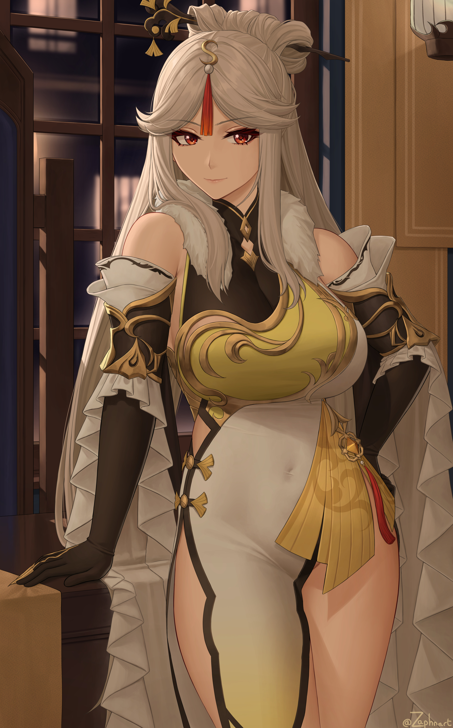 1girls, big breasts, breasts, busty, curvy, curvy figure, female, female only, genshin impact, gloves, large breasts, long gloves, long hair, ningguang (genshin impact), red eyes, solo, solo female, thick, thick thighs, voluptuous, white hair, zaphn