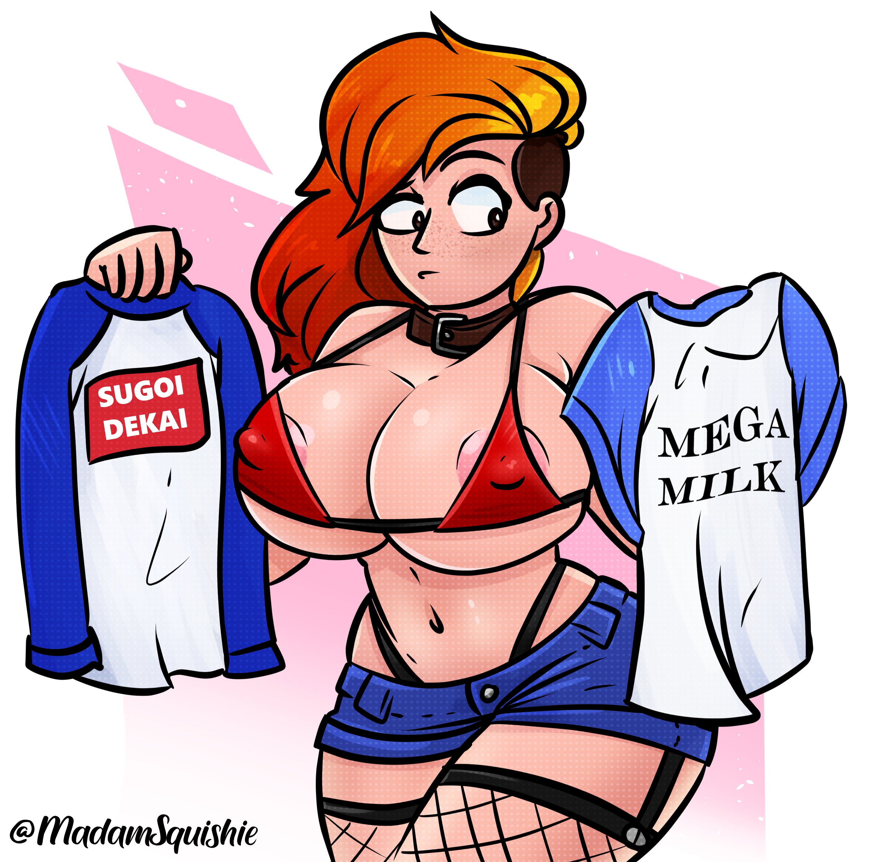 1girls, areola slip, areolae, artist self-insert, asymmetrical hair, bikini top, breasts, brown eyes, choice, choker, cleavage, dressing, female, female only, fishnet stockings, fishnets, freckles, garter straps, large breasts, long hair, madamsquishie, mega milk, meme, navel, nipples, original, original character, red hair, shaved side, short shorts, shorts, skimpy bikini, solo, squishie (madamsquishie), sugoi dekai, wide hips