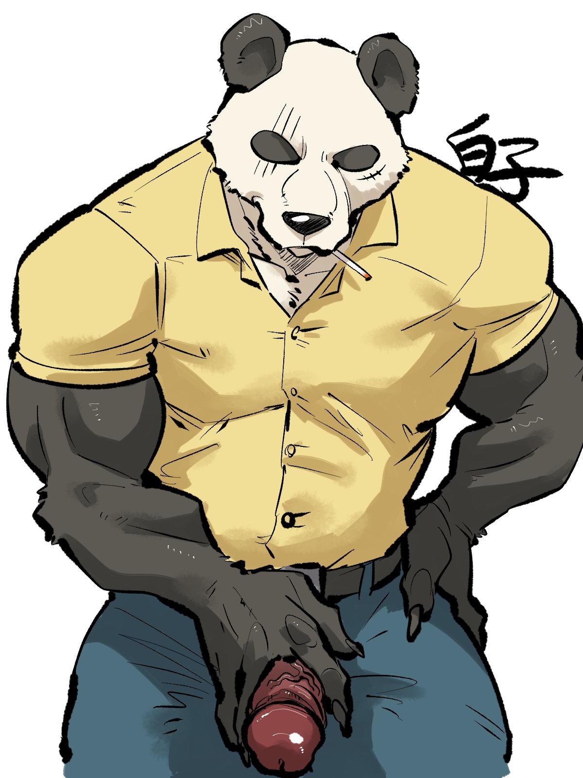 1boy 3:4 41raco anthro beastars belt biceps black_body black_eyes black_fur bottomwear cigarette cigarette_in_mouth claws clothed clothing dress_shirt erection finger_claws fully_clothed fur genitals giant_panda glistening glistening_genitalia glistening_penis gouhin hand_on_hip hand_on_penis hi_res humanoid_genitalia humanoid_penis kirupi male male_only mammal muscular muscular_anthro muscular_male pants penis penis_through_fly poking_out red_penis scar shirako shirt simple_background solo thick_thighs topwear ursid vein veiny_penis white_body white_fur