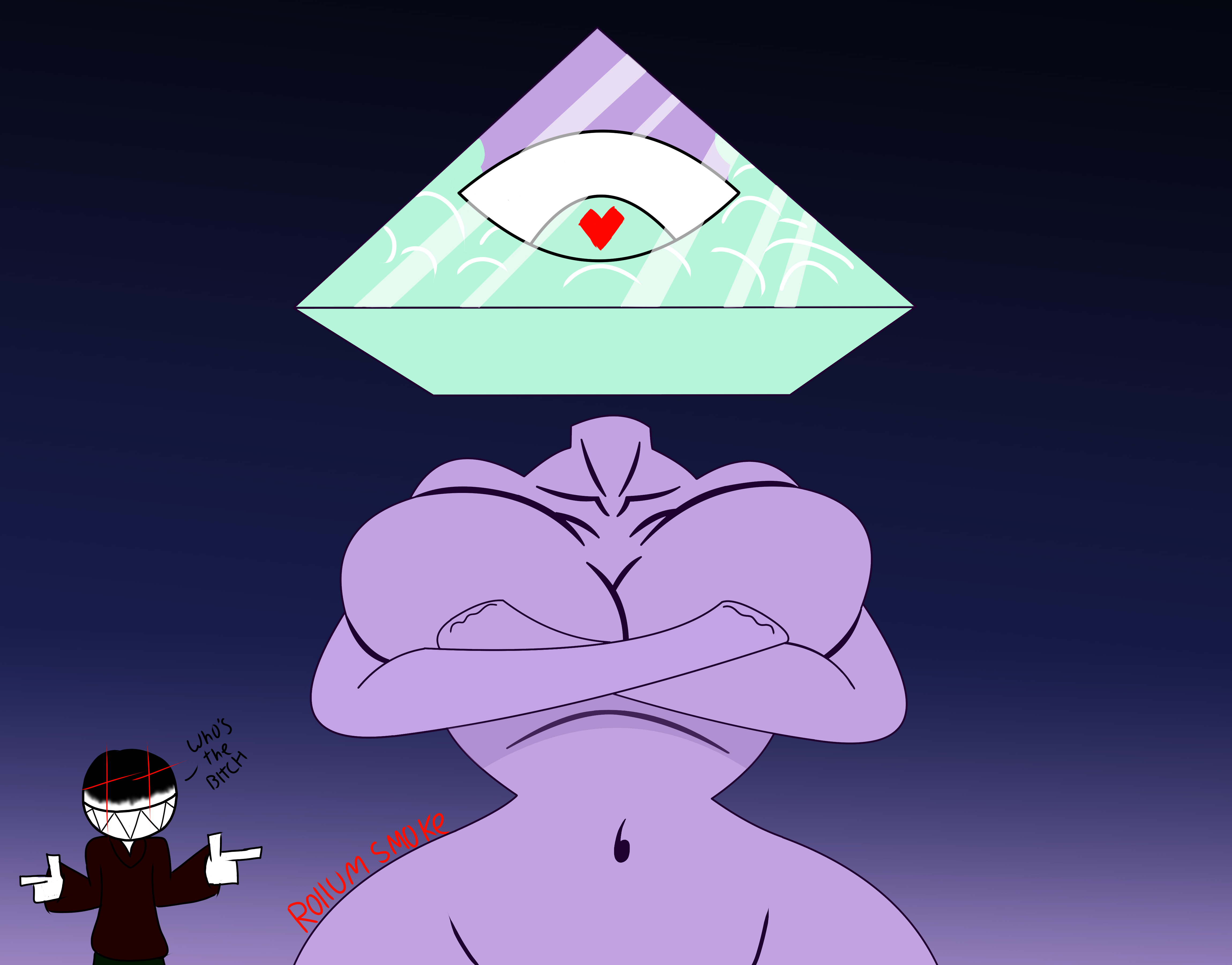 ankha ride (minus8), arms crossed under breasts, breasts, female, floating head, heart eyes, iilluminaughtii, looking at viewer, looking down, looking down at viewer, purple body, pyramid, pyramid head (shape), rollumsmoke, shape head, tagme, youtube, youtuber