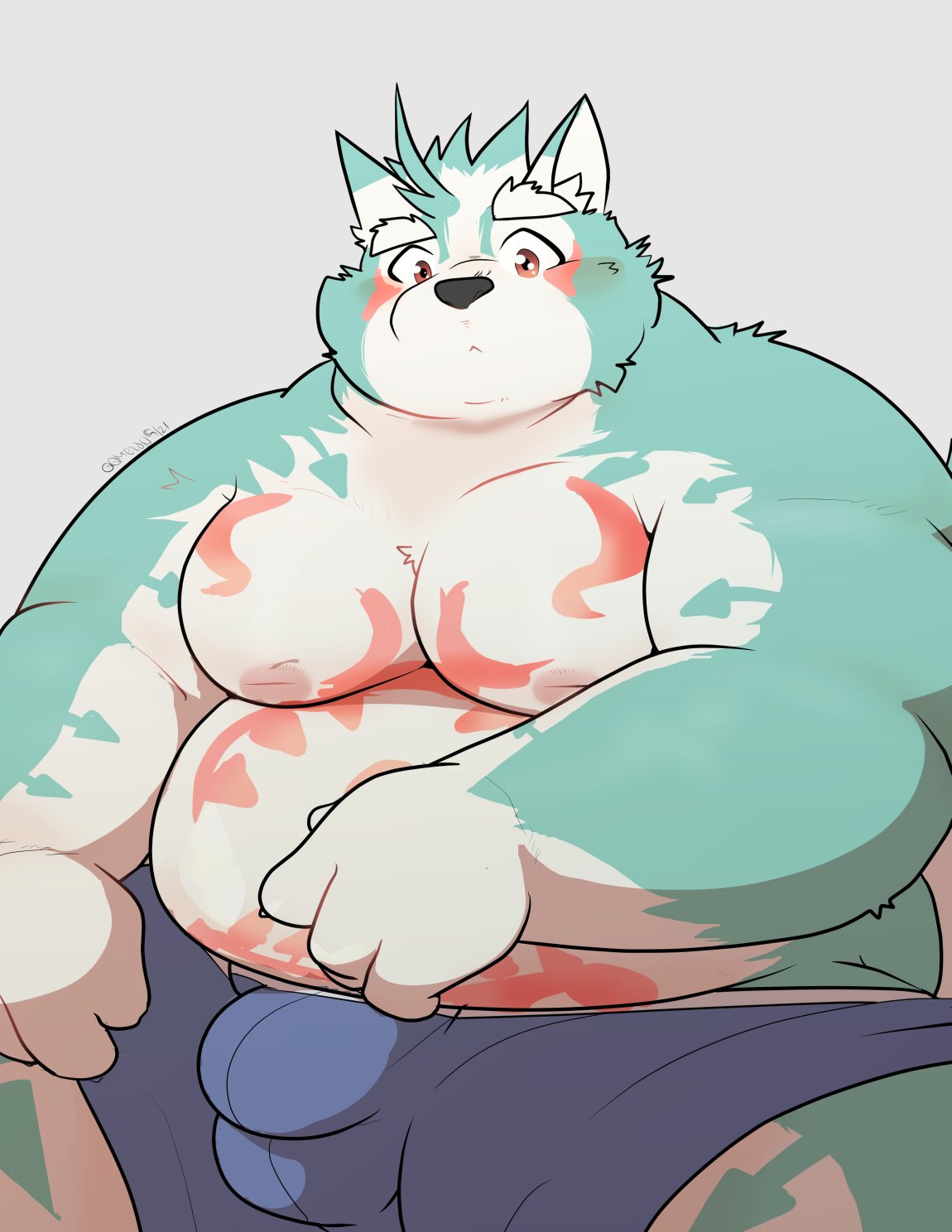 1boy 2021 anthro balls_outline belly black_nose blush bulge canid canine canis genital_outline hi_res humanoid_hands kemono male male_only mammal moobs nipples oguchi_magami_(tokyo_afterschool_summoners) overweight overweight_male penis_outline qqmelon888 simple_background sitting solo tokyo_afterschool_summoners video_games wolf