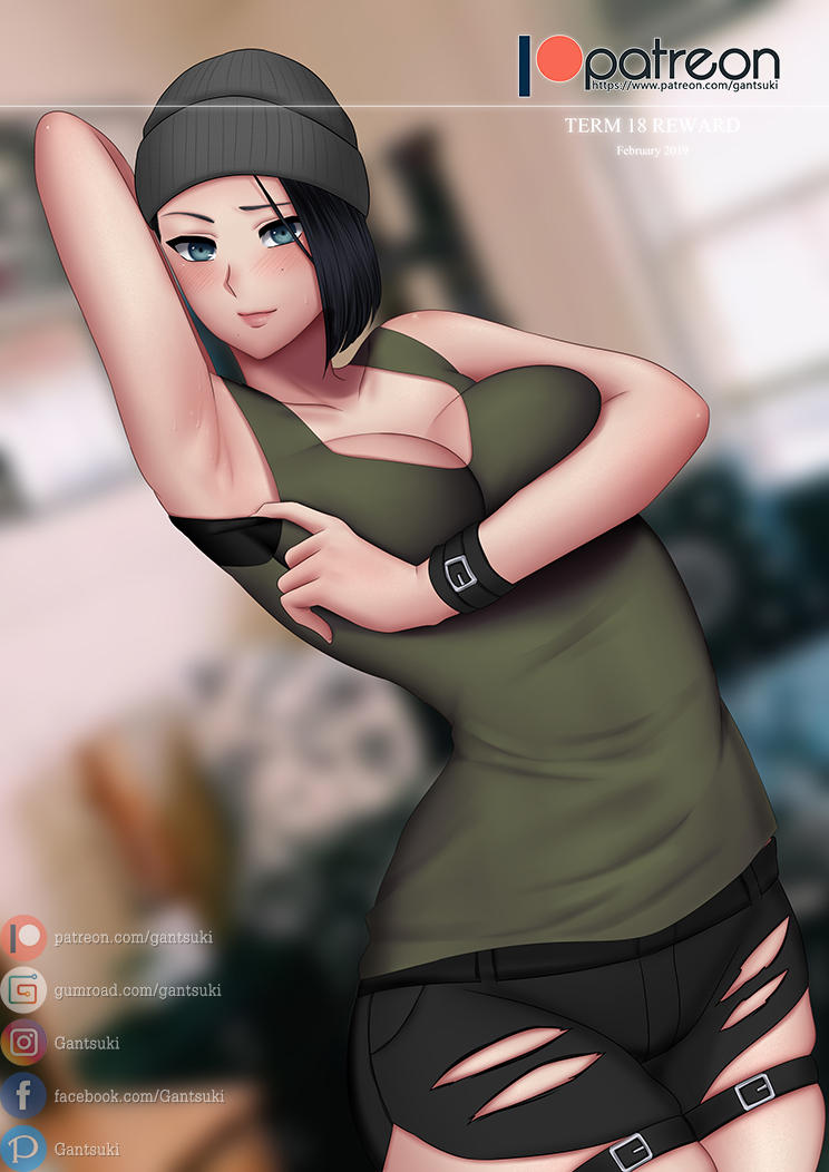 1girls, 2d, armpits, arms behind back, beanie, black hair, blue eyes, blush, breasts, clothed, clothing, curvaceous, curvy, curvy figure, cute, dbd, dead by daylight, female, female focus, female only, gantsuki, headwear, light skin, light-skinned female, looking at viewer, nea karlsson, patreon, ripped clothing, short hair, shorts, smile, smiling, solo, solo female, solo focus, tank top, white skin