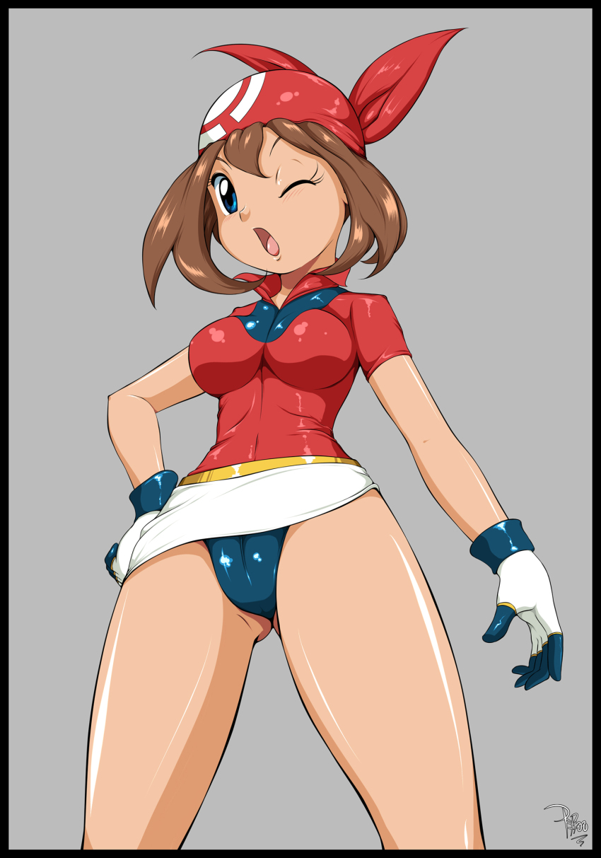 2020s 2021 ass athletic athletic_female bandana black_bottomwear blue_eyes brown_hair cameltoe digital_art female female_only front_view grey_background heroine human kneepits light-skinned_female light_skin manga may_(pokemon) medium_hair pepipopo pokemon shiny_bottomwear shiny_hair shiny_skin simple_background socks solo solo_female standing tomboy two_tone_handwear two_tone_headwear two_tone_topwear video_games watermark wink winking_at_viewer worm's-eye_view