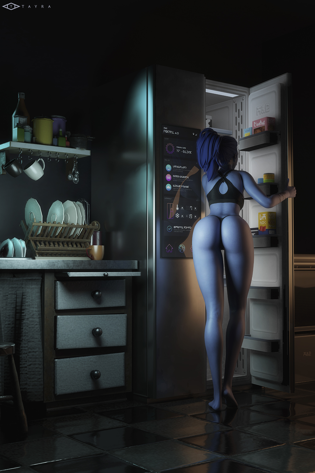 1girl, 1girls, 3d, artist name, ass, back, back cutout, back tattoo, back view, bare legs, bare shoulders, barefoot, bent over, big ass, black panties, black sports bra, blender, blue hair, blue skin, bottle, bra, clothing, colored skin, cup, facing away, female, female only, food, fridge, from behind, full body, highleg, highres, indoors, kitchen, kneepits, legs, locker, long hair, long legs, overwatch, panties, ponytail, purple hair, purple skin, reflection, reflective floor, refrigerator, short hair, sink, solo, solo female, sports bra, sportswear, standing, tayra, thighs, thong, tile floor, tiles, underwear, viewed from behind, widowmaker