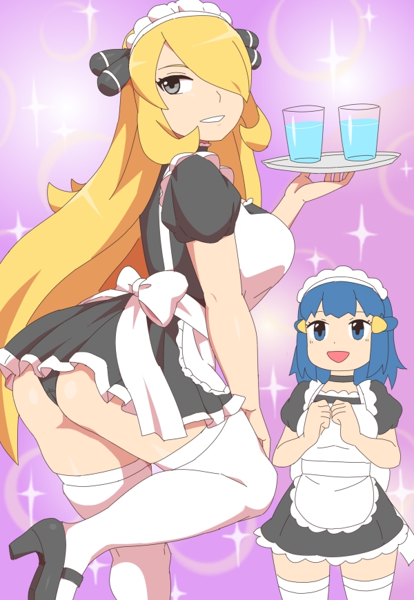 2girls, alternate breast size, ass, big breasts, blonde hair, blue eyes, blue hair, breasts, cynthia (pokemon), dawn (pokemon), female, kabeume, large breasts, long hair, maid, maid headdress, maid uniform, nintendo, panties, pokemon, pokemon dppt, thick thighs, thighs
