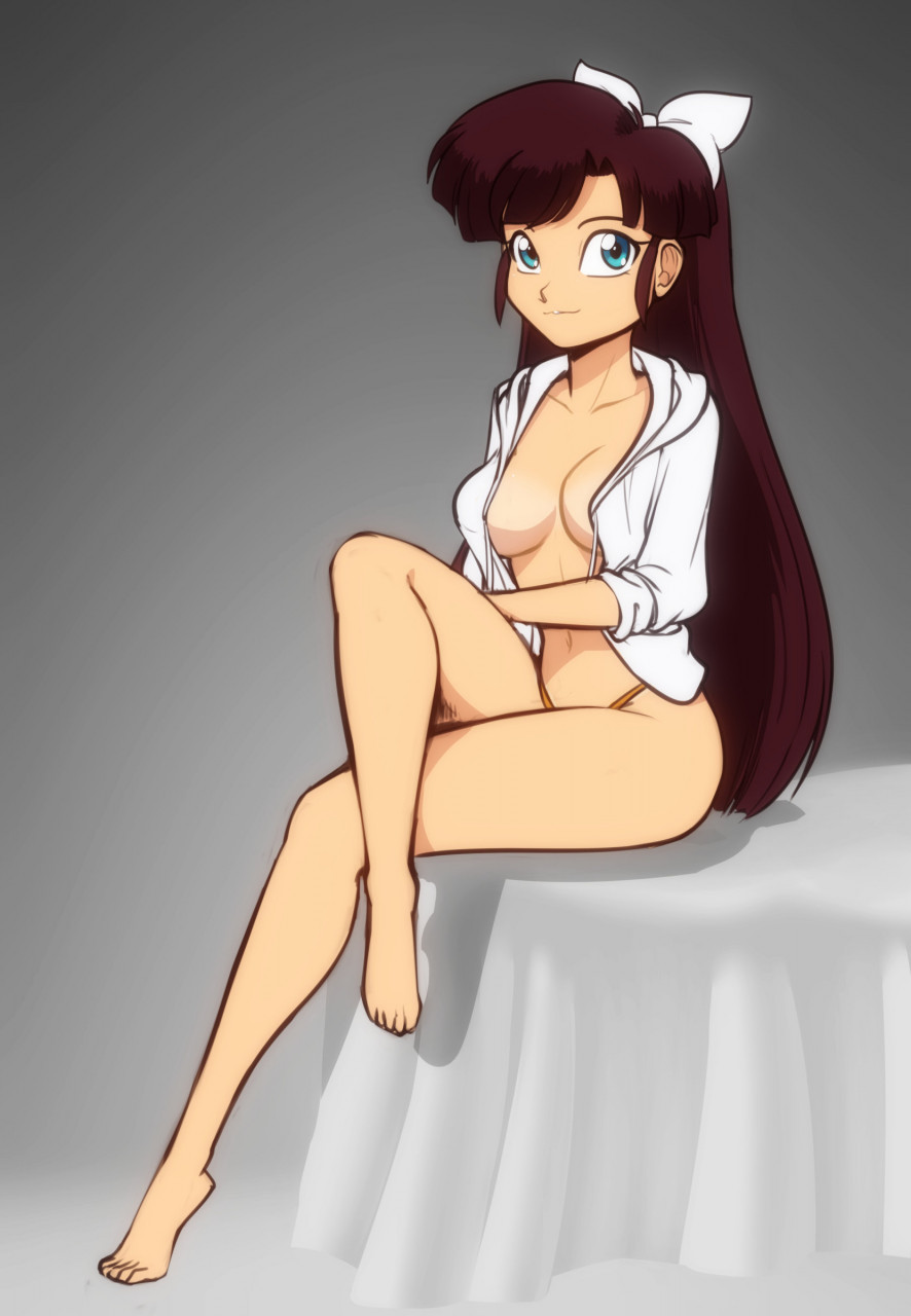 blue_eyes bow brown_hair clothing crossed_legs female hairbow long_hair looking_at_viewer open_shirt panties ranma_1/2 scorpdk sitting small_breasts solo ukyo_kuonji