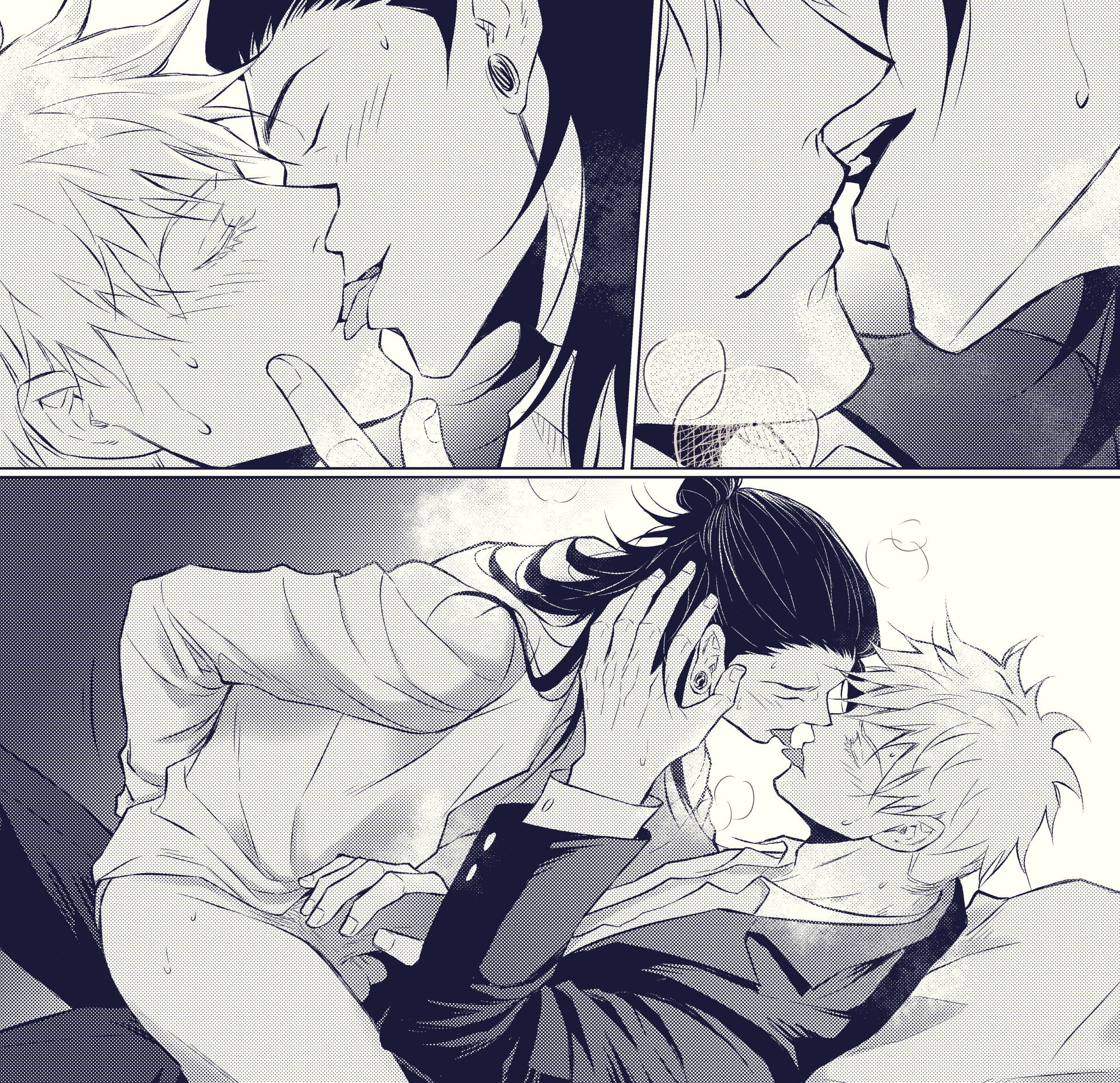 2boys, blush, clothing, ear piercing, gay, hair bun, hairbun, hand on head, hand on penis, handjob, head grab, jujutsu kaisen, kissing, male, male only, male/male, monochrome, nejmai, on lap, panels, partially clothed, penis, penis grab, pierced ears, satoru gojo, sitting on lap, suguru geto, tongue, tongue kiss, visible breath, yaoi