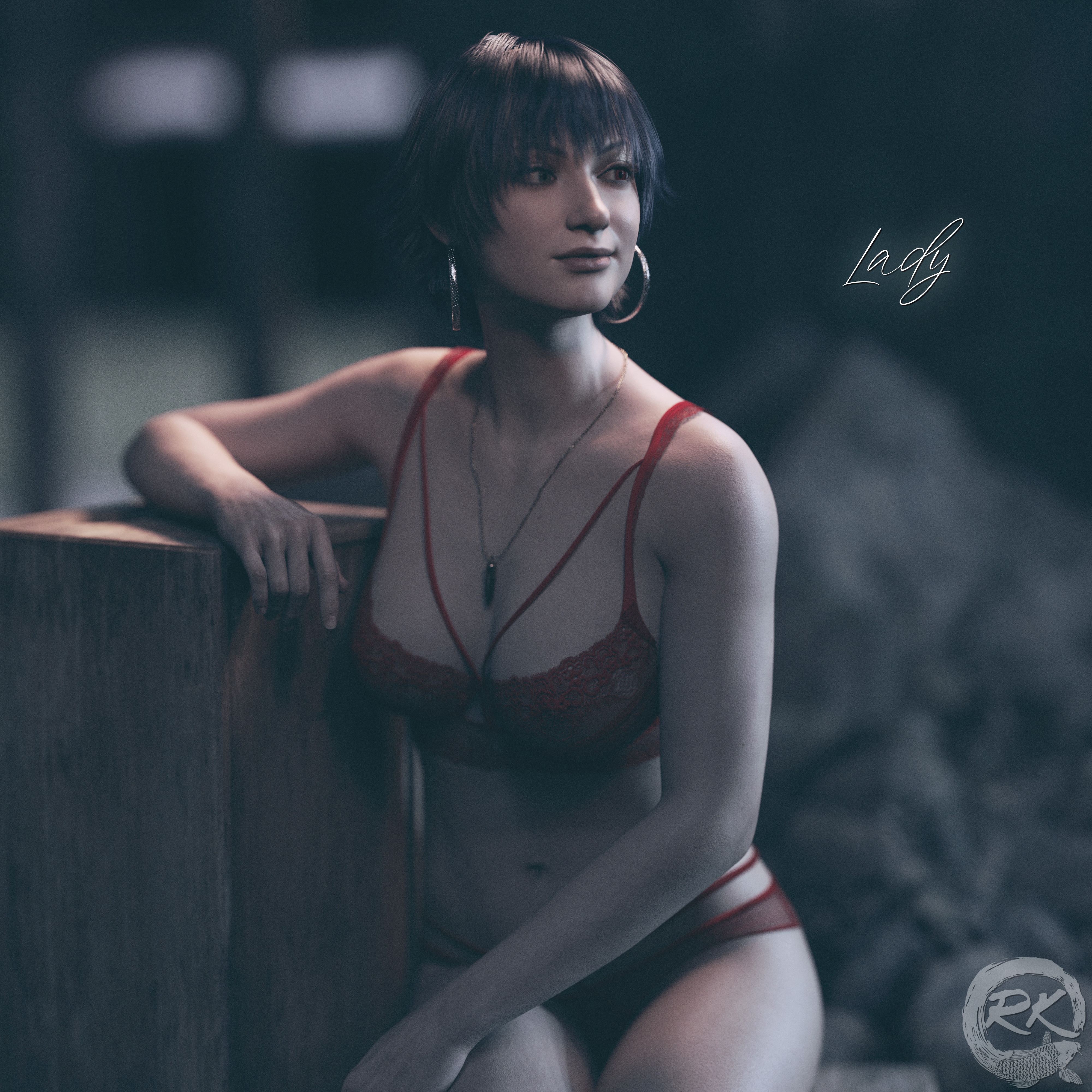 1girls, 3d, absurdres, bra, breasts, casual, clothing, devil may cry, devil may cry (series), devil may cry 5, earrings, female, female only, heterochromia, highres, hoop earrings, human, lady (devil may cry), large breasts, lingerie, necklace, nonsexual, pale skin, panties, realistic, roguekoii, solo