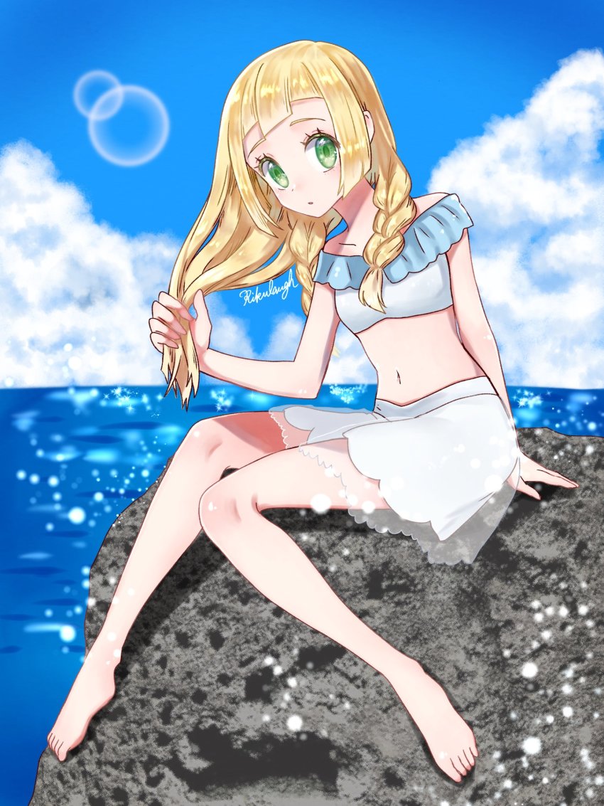 1girls, barefoot, beach, blonde hair, breasts, feet, female, game freak, green eyes, human, light skin, light-skinned female, lillie (pokemon), long hair, nintendo, outside, petite, pokemon, pokemon sm, skin, slender legs, small breasts, solo, straight hair, swimsuit, tagme, toes, water