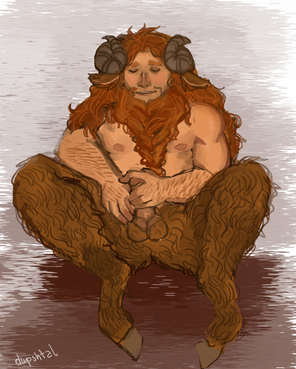 1boy animal_ears artist_name balls ballsack bara bartel beard body_fur body_hair boner braided_beard brown_fur closed_eyes dupshtal_(artist) erection facial_hair faun hairy_balls hairy_male half-human hooves horns humanoid humanoid_penis long_hair_male male male_nipples male_only male_pubic_hair masculine mature_male muscles muscular_male nude_male orange_hair penis satyr scrotum solo testicles veiny_penis