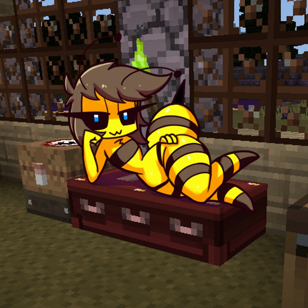 :3, 1:1, antennae, anthro, bee, bee (minecraft), black sclera, blue eyes, brown hair, commission, female, flat chest, half-closed eyes, hand on hip, hi res, ichduhernz, looking at viewer, lying, minecraft, seductive, shiny skin, solo, stinger, stripes, wide hips
