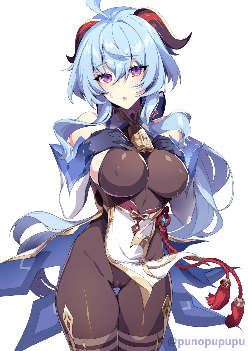 1girls 2021 :o ahoge artist_signature bell_choker blue_hair blush bodystocking breasts cameltoe embarrassed eyebrows_visible_through_hair female female_focus female_only front_view ganyu_(genshin_impact) genshin_impact hand_on_chest hips horns huge_breasts long_hair looking_at_viewer punopupupu purple_eyes simple_background slim_waist thick_thighs thigh_gap thighs tight_clothing tight_fit twitter_username white_background wide_hips zeroshiki_kouichi