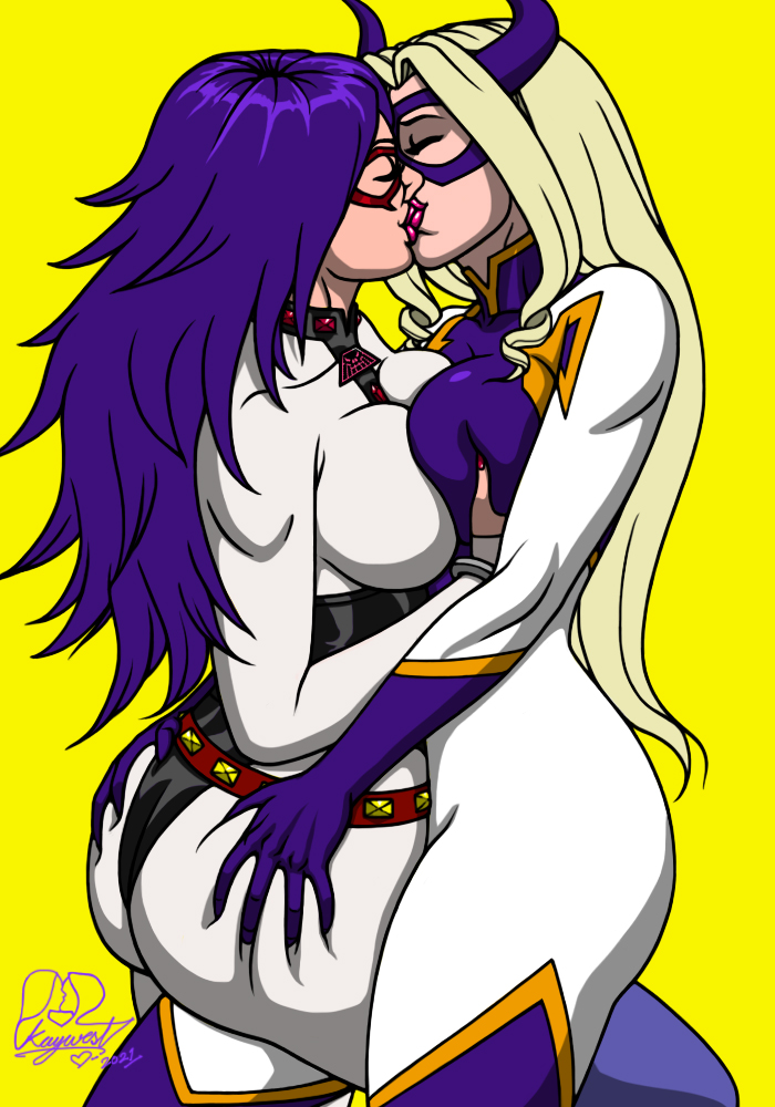 big_breasts blonde_hair brown_hair curvy curvy_female female female/female female_only kaywest kissing midnight_(my_hero_academia) mount_lady my_hero_academia nemuri_kayama yuri yuu_takeyama