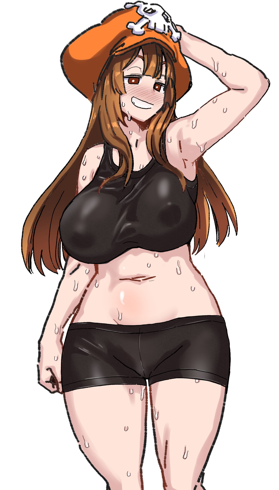 1girls, alternate breast size, armpits, aroused, bike shorts, blush, bra, breasts, covered nipples, dekosukentr, female, guilty gear, guilty gear strive, hat, large breasts, may (guilty gear), shorts, solo, sports bra, sweat, sweatdrop, sweating, sweaty, thighs, underwear