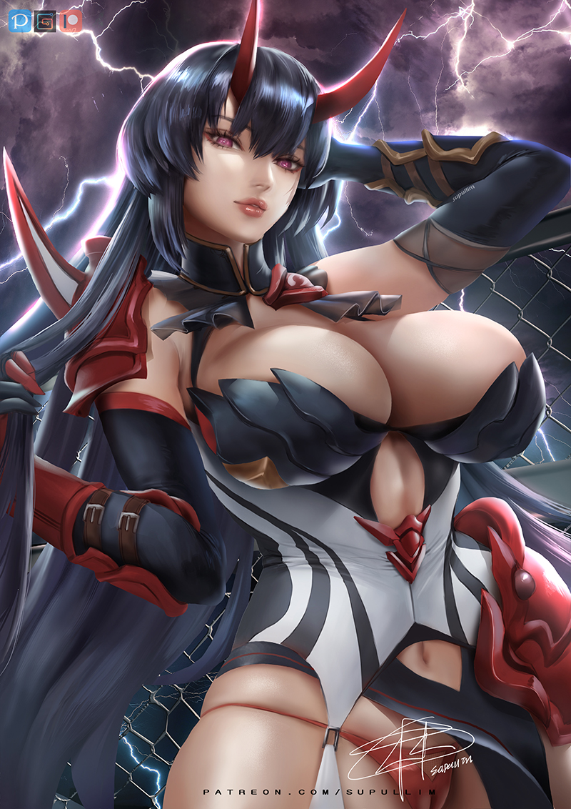 1girls, big breasts, black hair, blush, breasts, cameltoe, crotch, female, honkai impact, honkai impact 3rd, horns, midriff, navel, panties, purple eyes, pussy, raiden mei, raiden mei (herrscher of thunder), revealing clothes, supullim, thick thighs, thighs, tight clothing