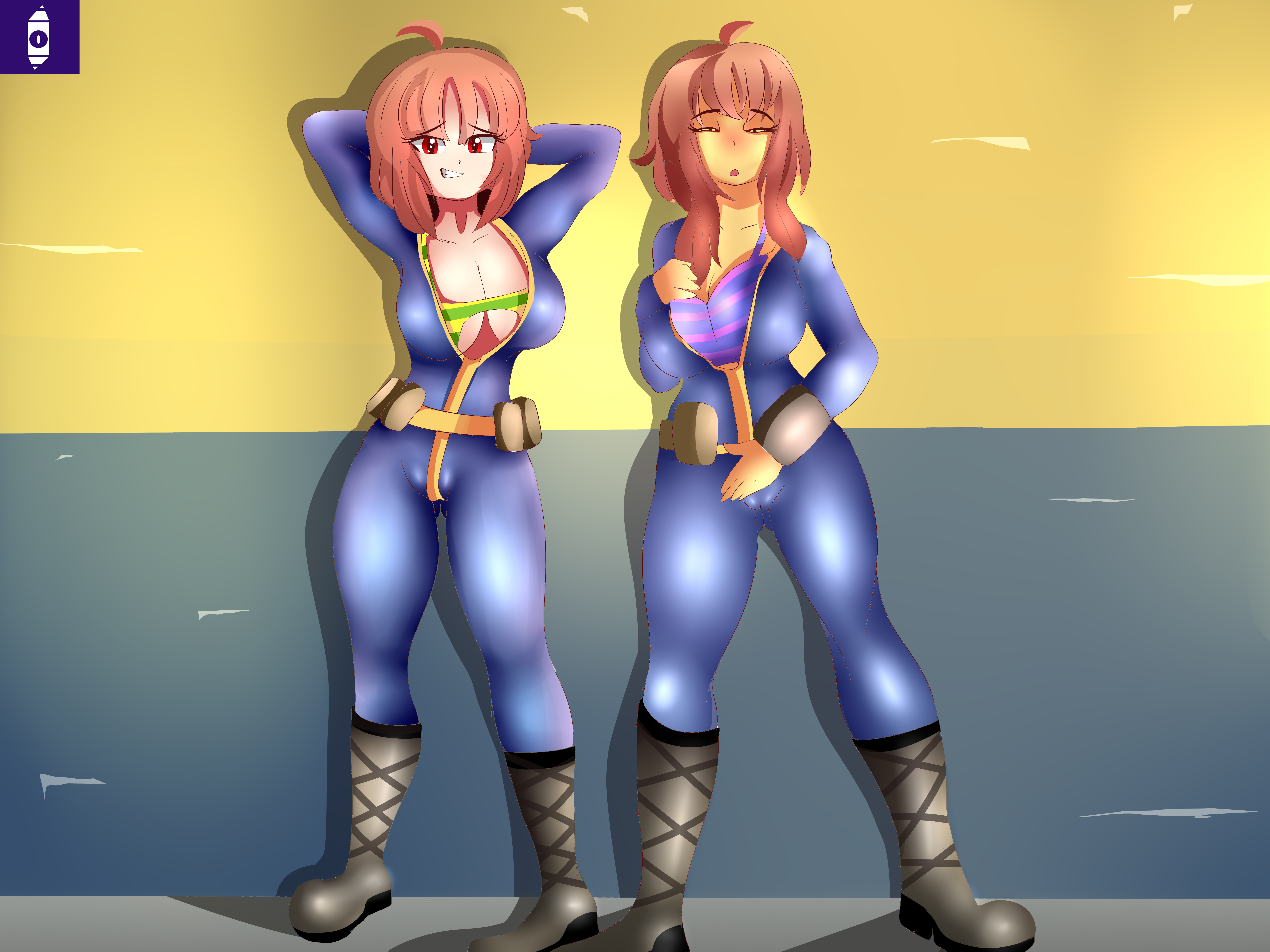 brown hair, chara, clothing, commission, commissioner upload, crossover, fallout, fanart, fanfiction, female, female chara, female frisk, footwear, frisk, human, indigopencil, jumpsuit, not porn, post-apocalyptic, red eyes, simple background, twitter username, undertale, undertale (series), undertale au, undertale fanfiction, uniform, vault dweller, vault suit, visible bra through clothes