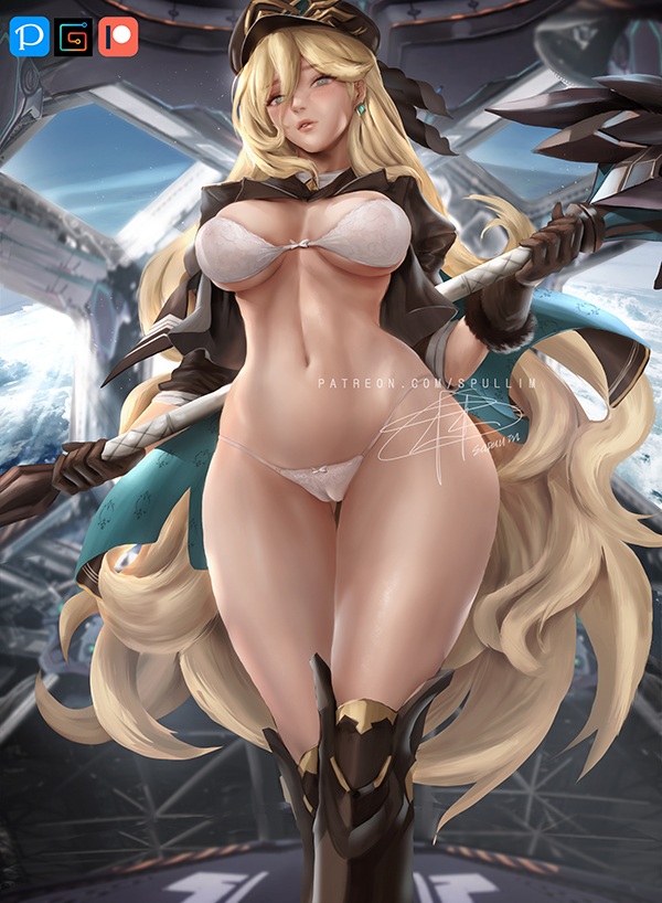 barely clothed, big breasts, blonde hair, blue eyes, blush, bra, breasts, durandal (honkai impact), female, honkai impact, honkai impact 3rd, kneehighs, lingerie, midriff, navel, panties, revealing clothes, supullim, thick thighs, thighs