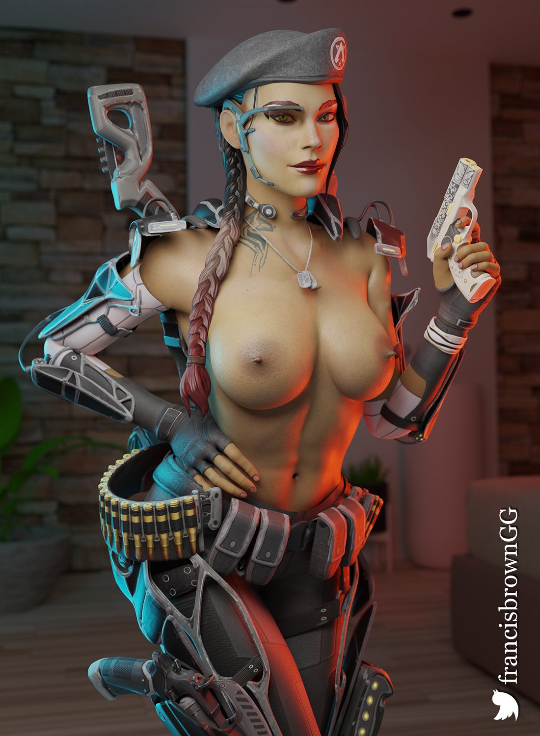 1girls 3d 3d_(artwork) apex_legends areolae arms_dealer_loba beret braid braided_hair breasts female female_only francis_brown gun lipstick loba_(apex_legends) makeup nipples pistol scouter solo tactical_gear tattoo tinted_eyewear topless yellow-tinted_eyewear