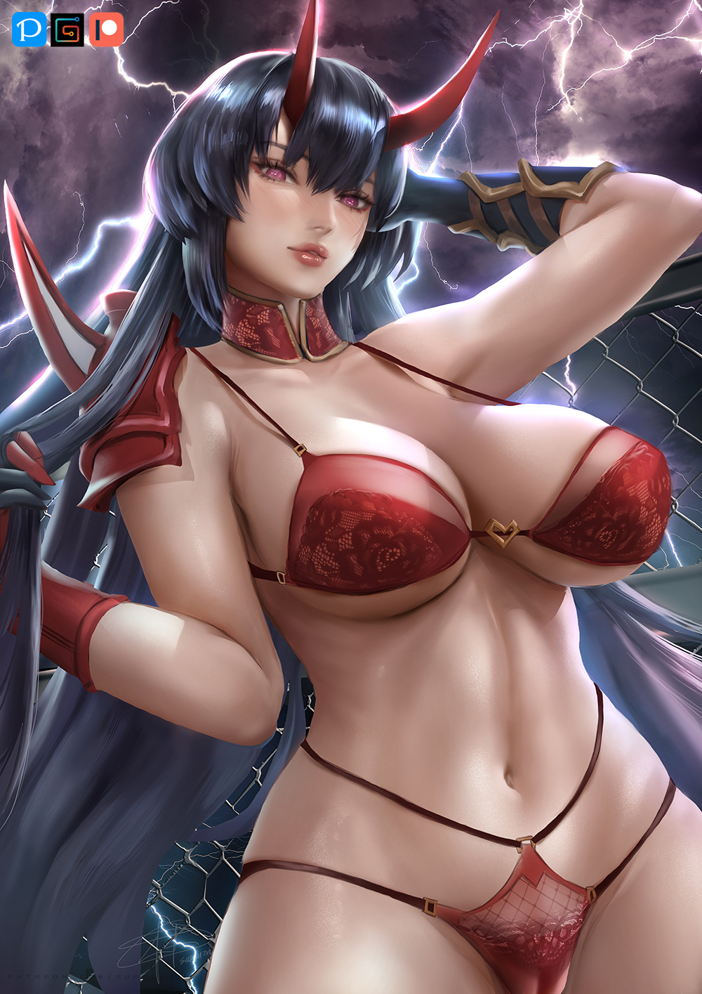 1girls, big breasts, black hair, blush, bra, breasts, crotch, female, honkai impact, honkai impact 3rd, horns, lace, lingerie, midriff, navel, panties, purple eyes, raiden mei, raiden mei (herrscher of thunder), revealing clothes, supullim, thick thighs, thighs