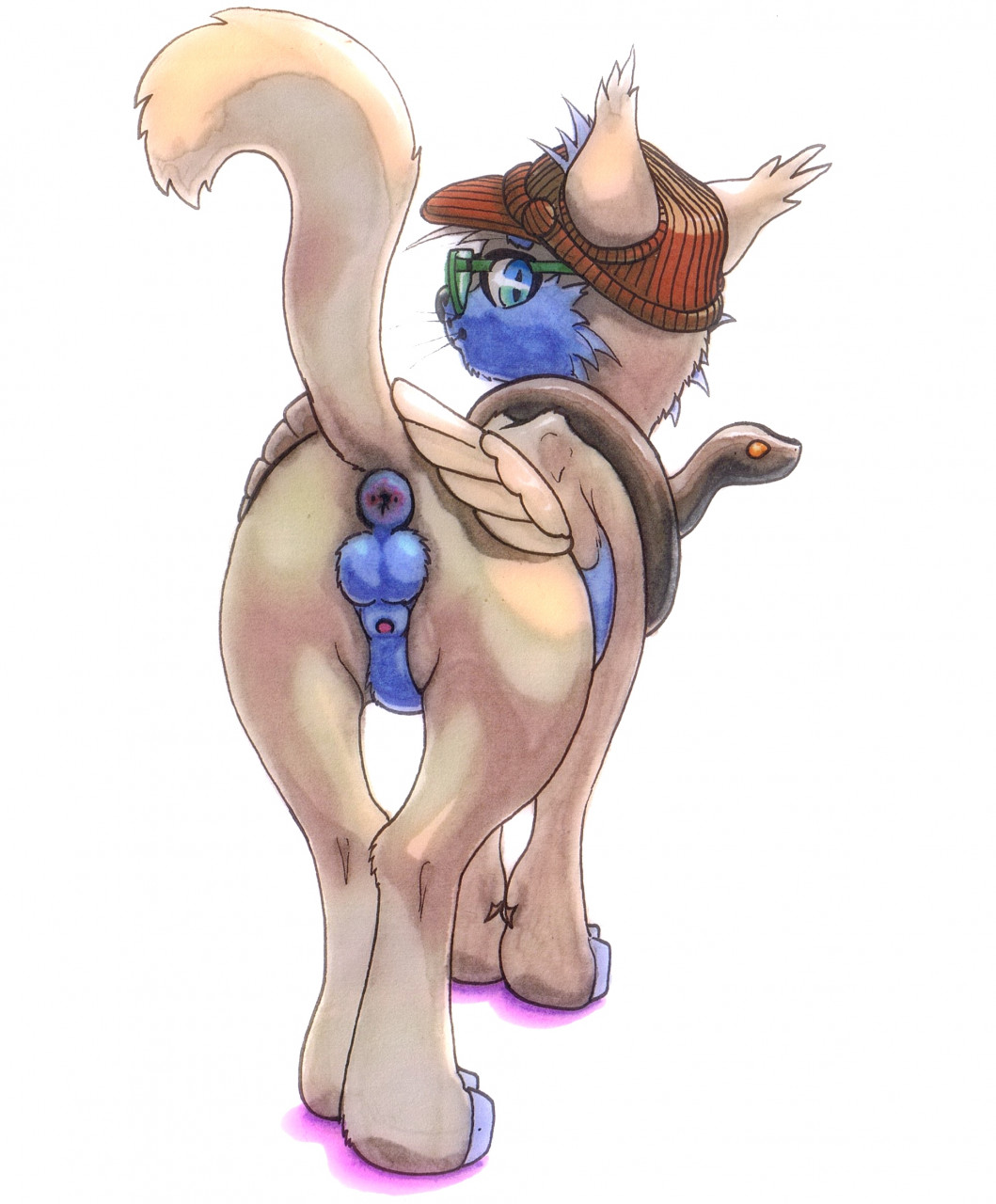 2021 anthro anus backsack balls feline from_behind looking_at_viewer looking_back male male_anus male_only oddwarg presenting_hindquarters raised_tail reptile snake