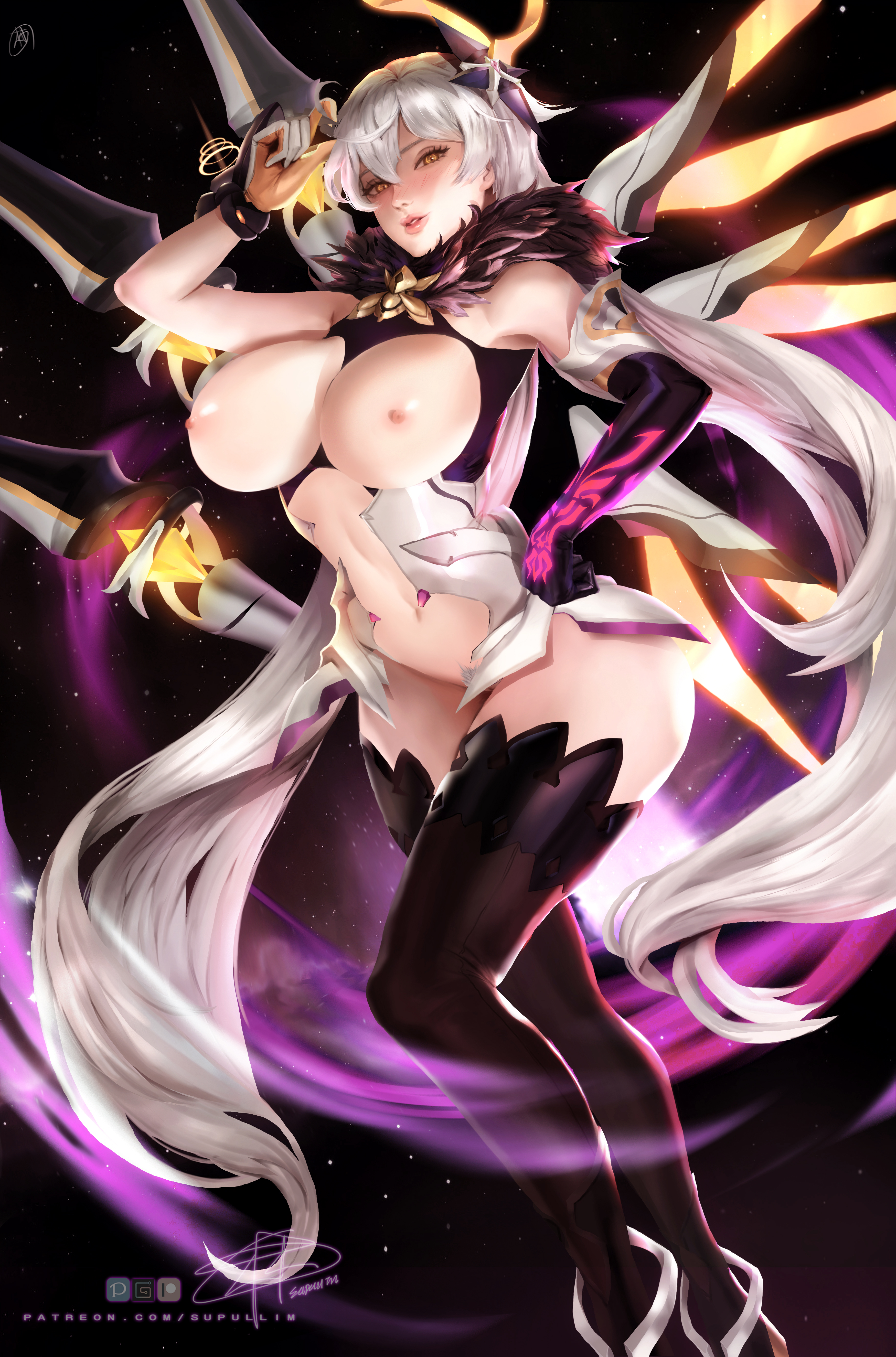 1girls, big breasts, blush, breasts, female, highres, honkai impact, honkai impact 3rd, kiana kaslana, kiana kaslana (herrscher of the void), naked, nipples, pussy, supullim, thick thighs, thighhighs, thighs, uncensored, vagina, white hair, yellow eyes