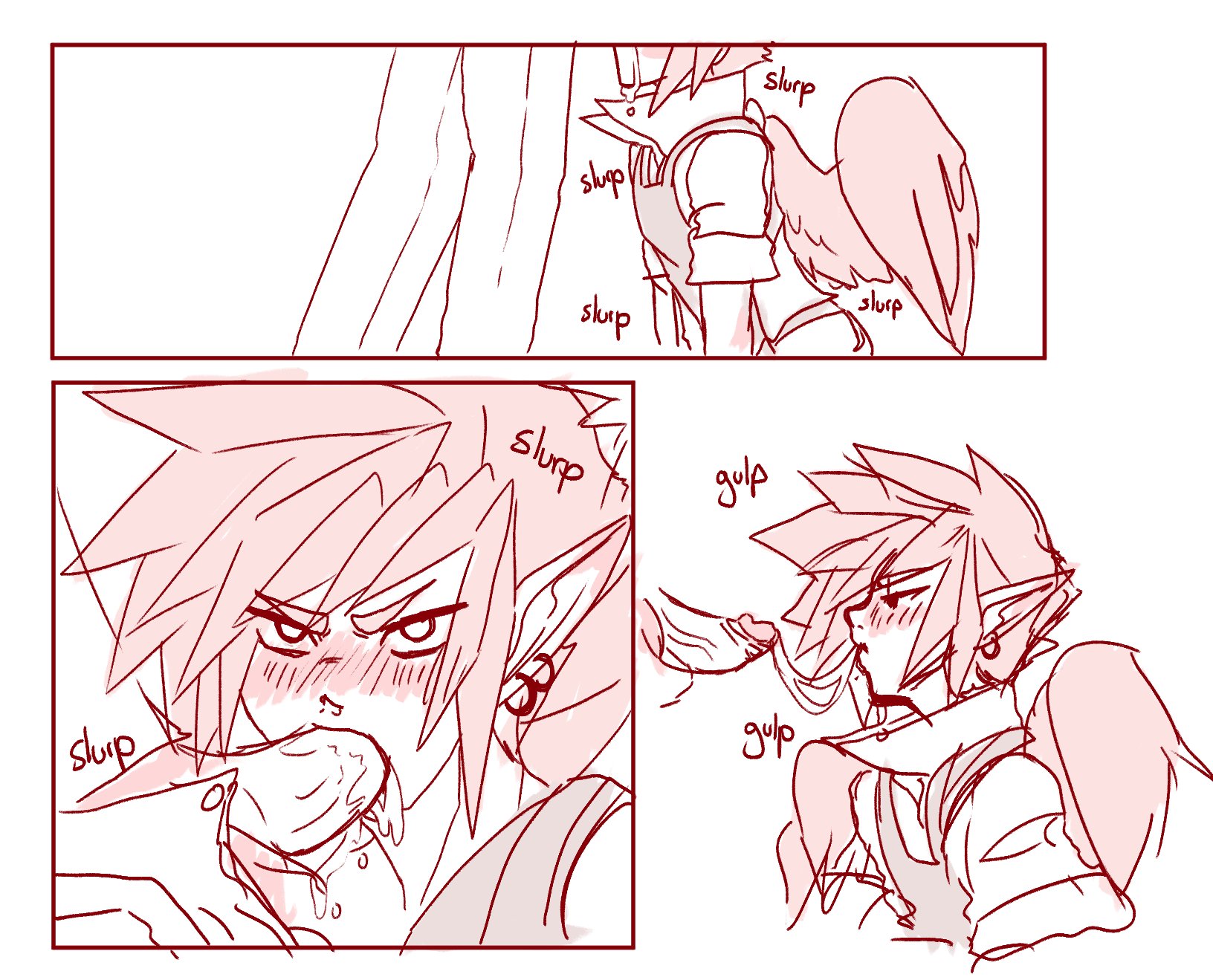 2boys, birdhaven, blowjob, blush, cum, cum in mouth, earrings, fellatio, gay, male, monochrome, oral, pointy ears, shenpai (artist), sinpai, swallowing, tagme, text, voxer, wings, yaoi