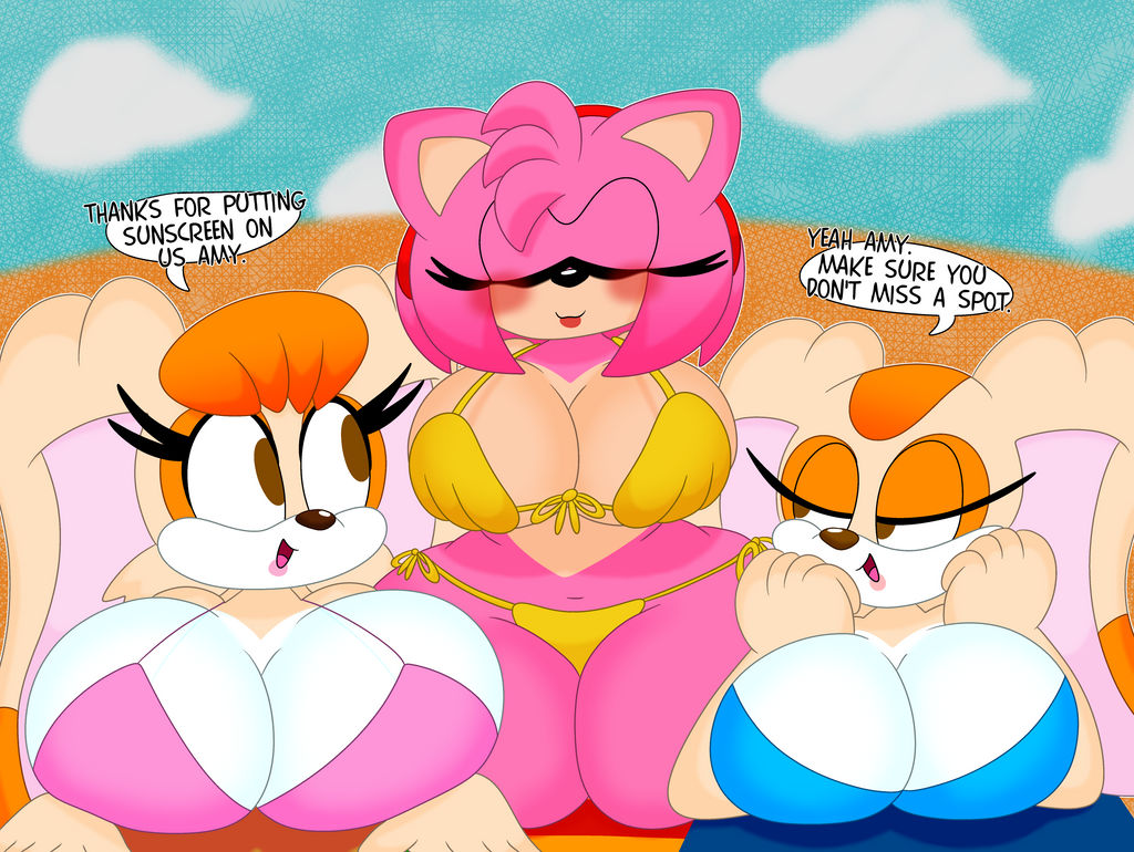 3barts, 3girls, amy rose, anthro, ass, ass grab, bikini, breasts, cleavage, cream the rabbit, female, female only, huge ass, huge breasts, lesbian, multiple females, multiple girls, sega, sonic (series), tagme, text, thick thighs, vanilla the rabbit, yuri