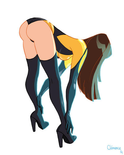 1girls 2014 ass ass_focus bent_over brown_hair clemcyza dat_ass dc_comics facing_away female female_focus female_only laurie_jupiter long_hair silk_spectre solo stretching superheroine thighhigh_boots watchmen watchmen_(2009)