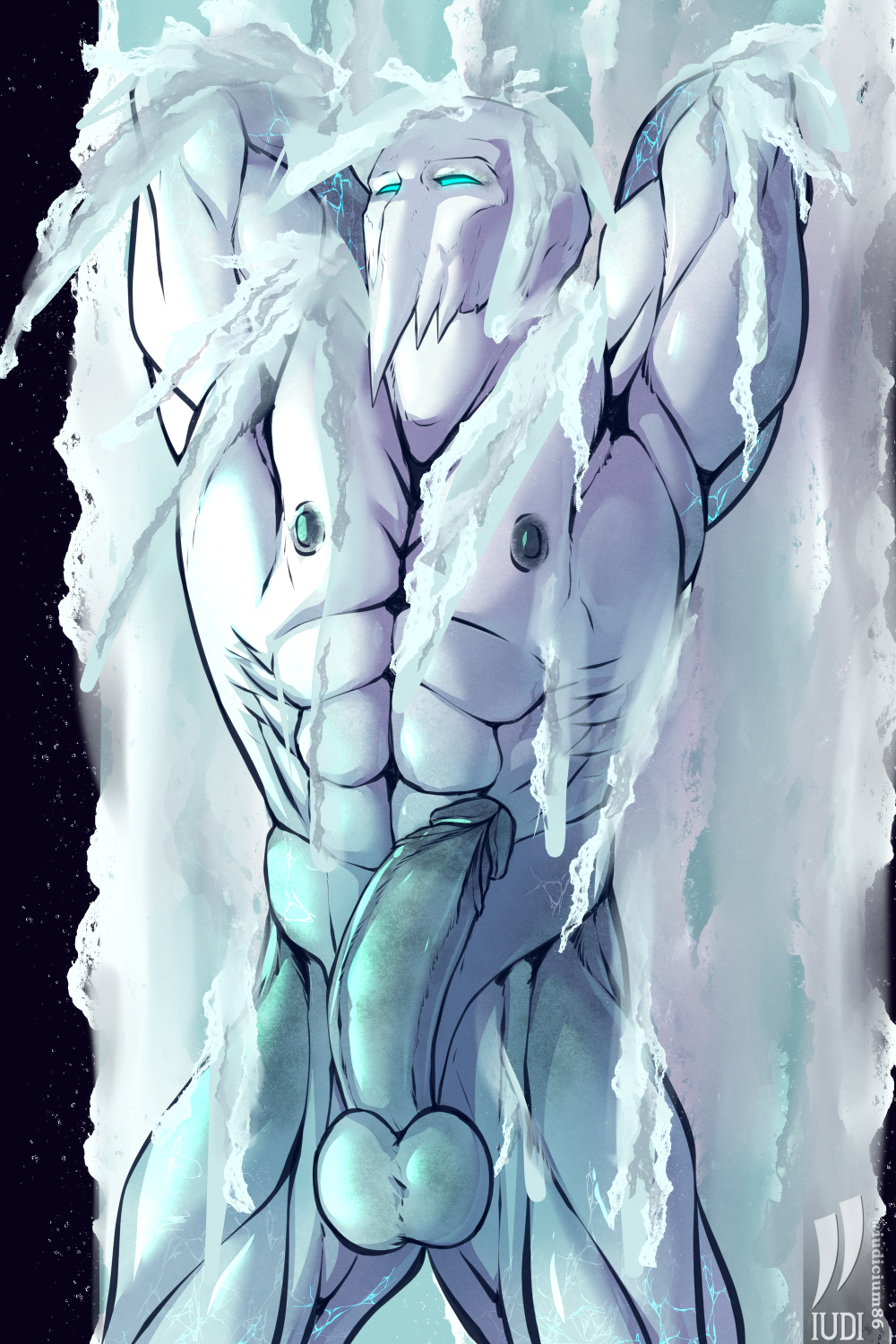 abs alien anthro balls bathing cold exposed_armpit foreskin genitals glacius_(killer_instinct) hands_behind_head hi_res humanoid_genitalia ice iudicium86 killer_instinct male male_only muscular nipples penis rareware retracted_foreskin snow solo