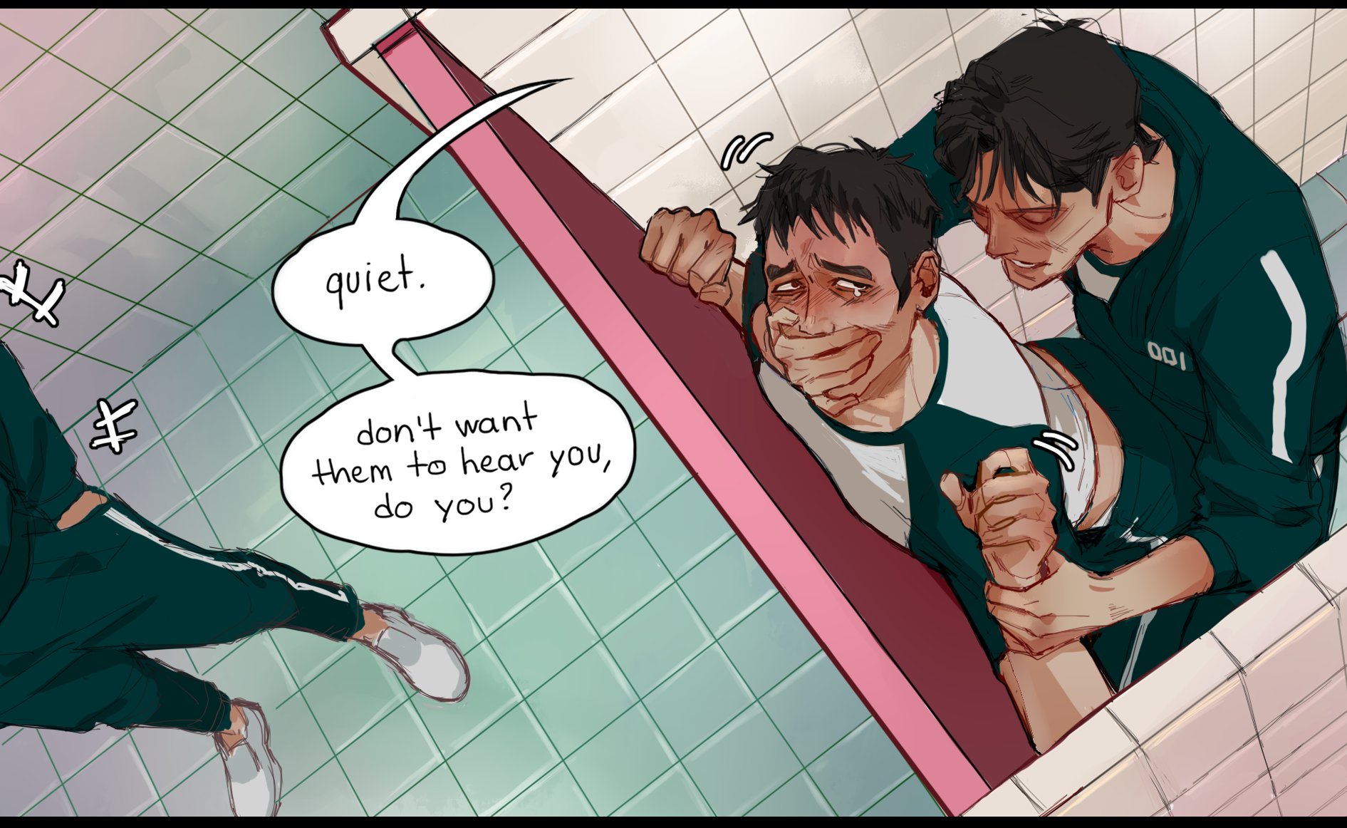 2boys, almost caught, bathroom sex, bathroom stall, clothed, color, crying, crying with eyes open, gay, hwang in-ho, kiodja, male, no visible genitalia, seong gi-hun, squid game, yaoi