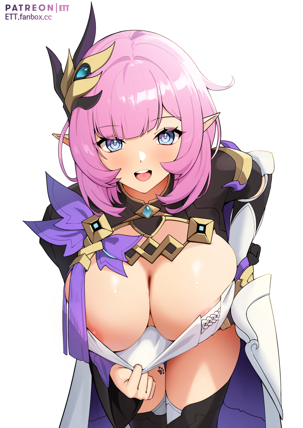 1girls bent_over big_breasts blue_eyes blush breasts busty cleavage elysia_(honkai_impact) ett exposed_breasts exposing_chest female female_only front_view hand_on_hip honkai_impact honkai_impact_3rd huge_breasts inviting leaning_forward looking_at_viewer nipples pink_hair pointy_ears pose pulling_down_shirt shirt_lift smile solo tattoo teasing thick_thighs thighhighs thighs voluptuous