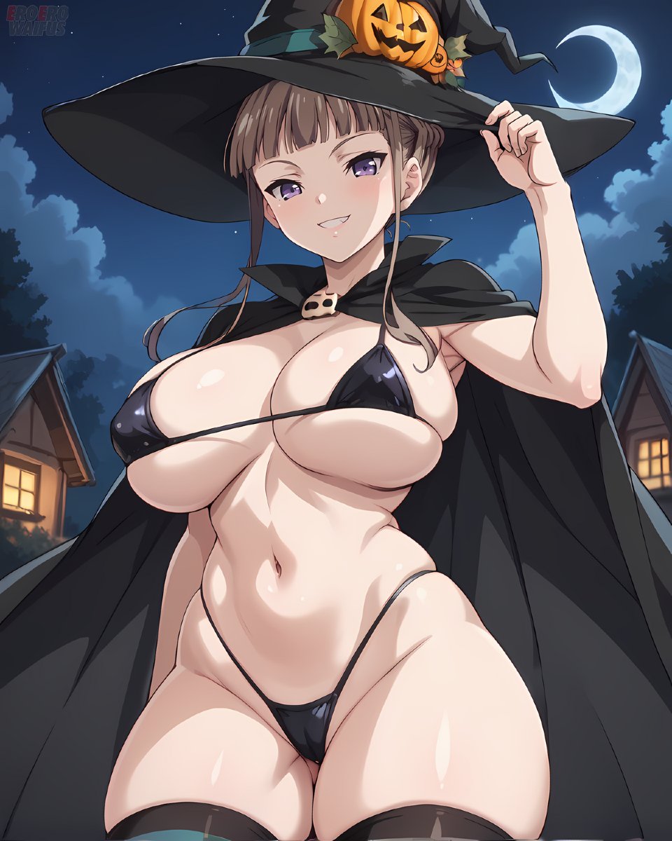 ai_generated athletic_female bare_thighs big_breasts bikini bikini_top brown_hair eroero_waifus euphoria euphoria_(clockup) halloween huge_breasts huge_thighs light-skinned_female light_skin looking_down low-angle_view manaka_nemu massive_breasts purple_eyes short_hair smiling solo_female squatting sweat sweatdrop thick_thighs thighhighs thighs voluptuous voluptuous_female witch_hat