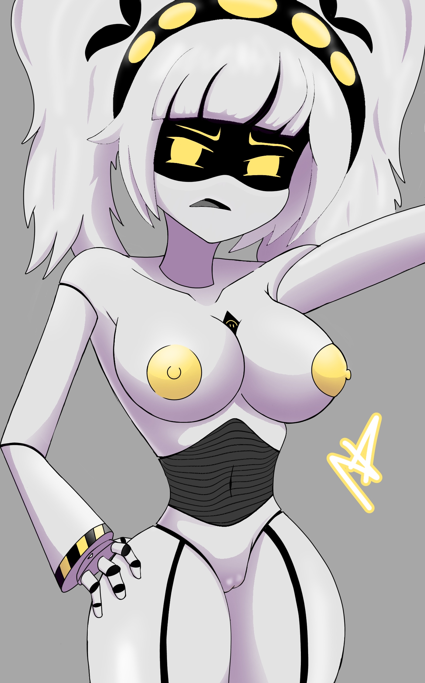 ankeitan, breasts, female, female only, full body, j (murder drones), murder drones, robot, twintails, white fur, white hair, yellow eyes