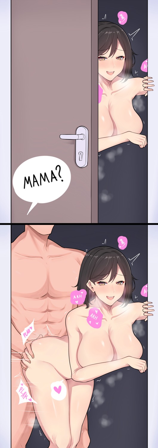 abs, answering door, artist request, ass, ass grab, bandwidth (fortnite), big breasts, black hair, blush, blushing, breasts, cuckold, dark hair, door, female, female penetrated, heart, hidden, huge breasts, looking pleasured, male, male penetrating, male/female, milf, moaning, mother, motherly cuckold, muscles, muscular, muscular male, naked, netorare, nude, nude female, sex, speech bubble, stealth sex, text, thighs