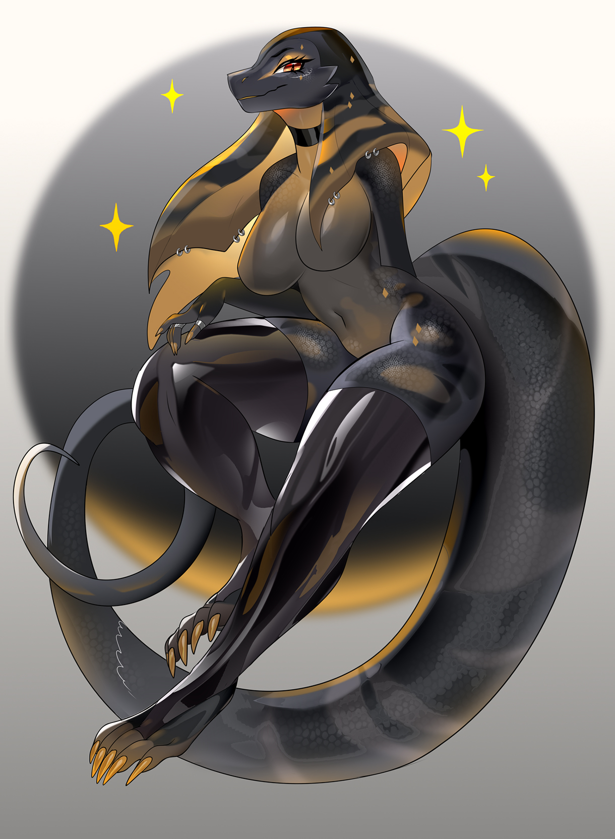 amethystdust, anthro, big tail, big thighs, black skin, breasts, cobra, eyelashes, female, lizard, looking at viewer, orange eyes, reptile, snake, snake hood, tail, thighs