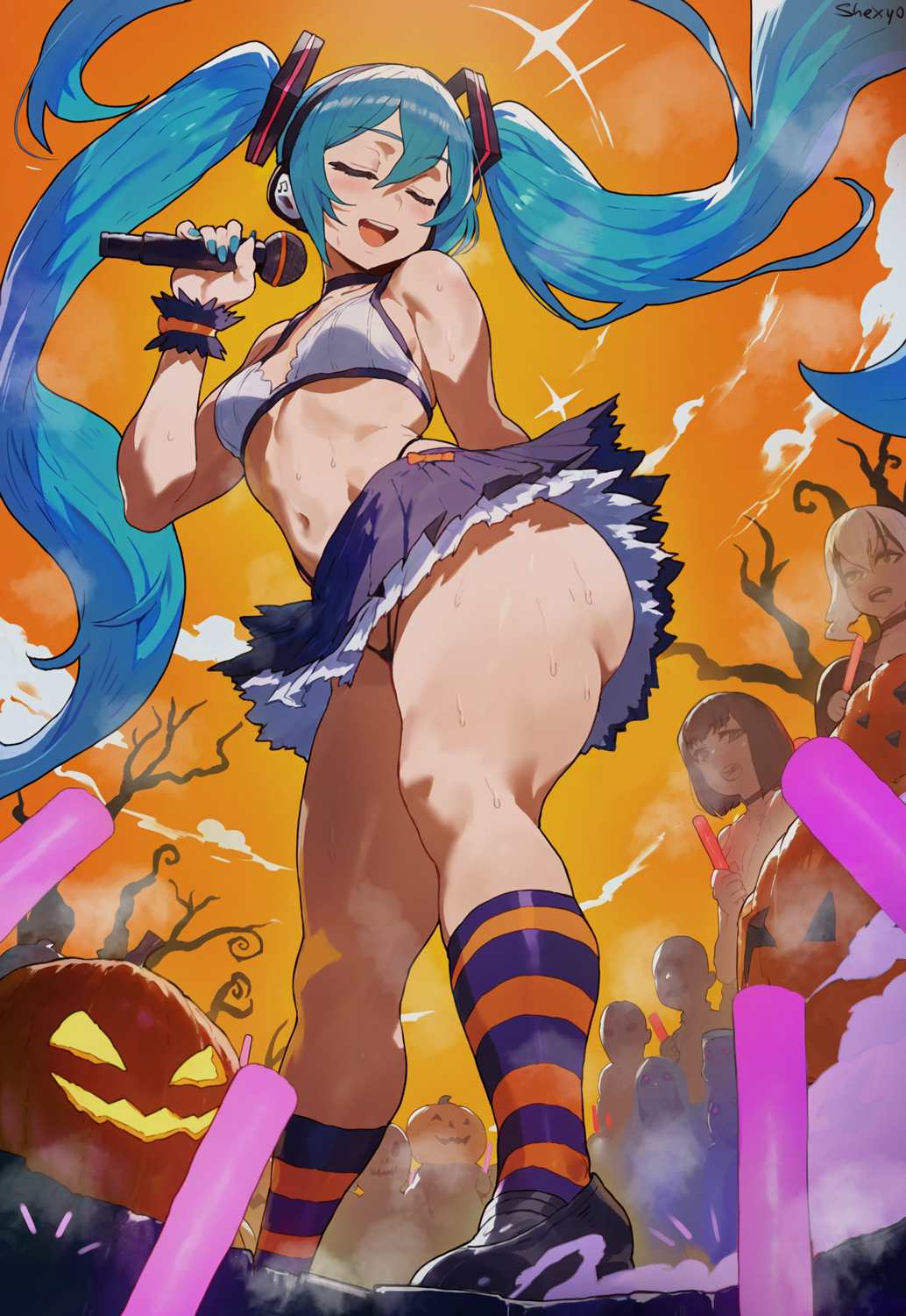 1female 1girls ass big_ass blue_hair clothed clothed_female concert halloween halloween_theme hatsune_miku panties shexyo shoes singer skirt small_breasts smaller_female thick_ass thick_thighs thighs vocaloid