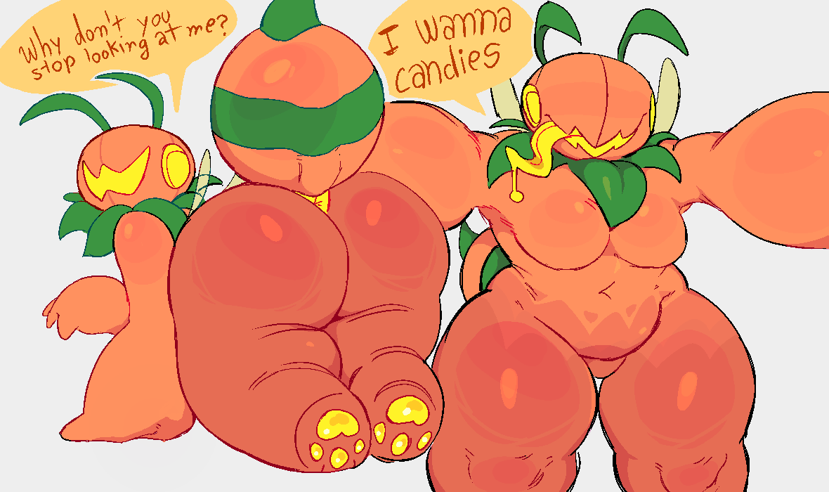 antennae_(anatomy) anthro anus arthropod ass bee belly big_butt breasts female for_a_head hanaarts hymenopteran insects leaf nude object_head open_mouth orange_body paws pumpkin_head simple_background smile solo tail text tongue yellow_tongue