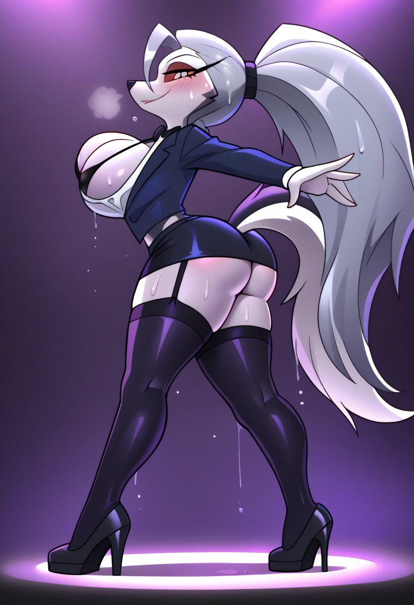 ai_generated ass breasts female furry gondor952 hellhound helluva_boss high_heels jizoku_(ai_style) loona_(helluva_boss) office_clothing office_lady ponytail skirt thick_thighs thighhighs thighs