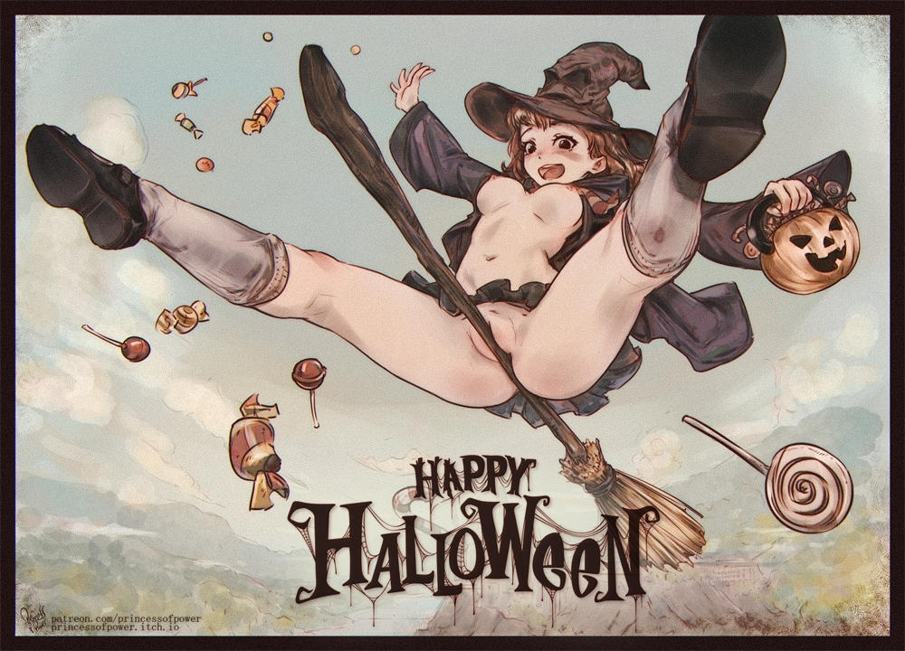 1girls, 2d, breasts, broom, broom riding, candy, female, flying, flying broom, functionally nude, gryffindor, gryffindor tie, halloween, harry potter, hermione granger, hogwarts robe, nipples, pussy, sorting hat, tagme, witch (harry potter), young