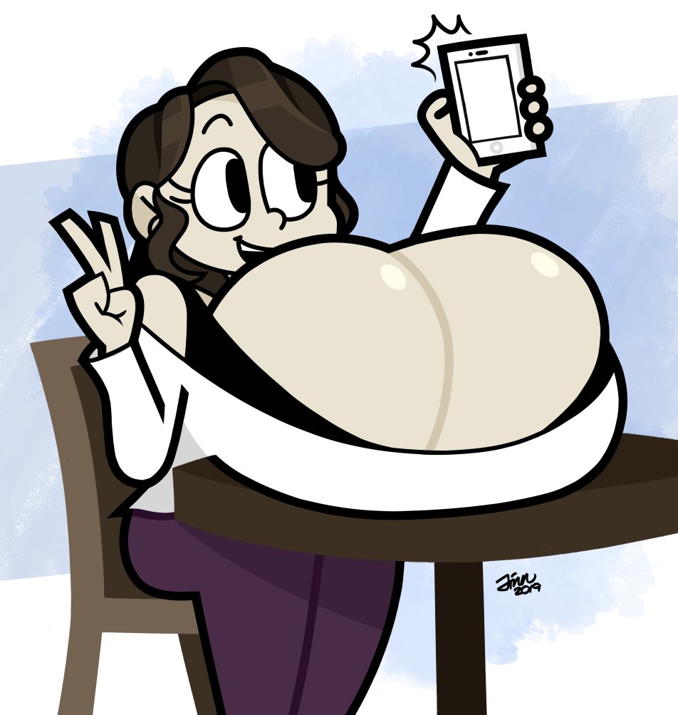 1girls, 2019, artist name, autumn (jinnsart), big breasts, black eyes, breast focus, breast rest, breasts, brown hair, cellphone, chair, cleavage, clothed, clothing, dated, female, fully clothed, gigantic breasts, glistening breasts, hyper breasts, jinnsart, overflowing breasts, peace sign, round breasts, selfie, shiny breasts, sitting, smartphone, smile, solo female, source request, table